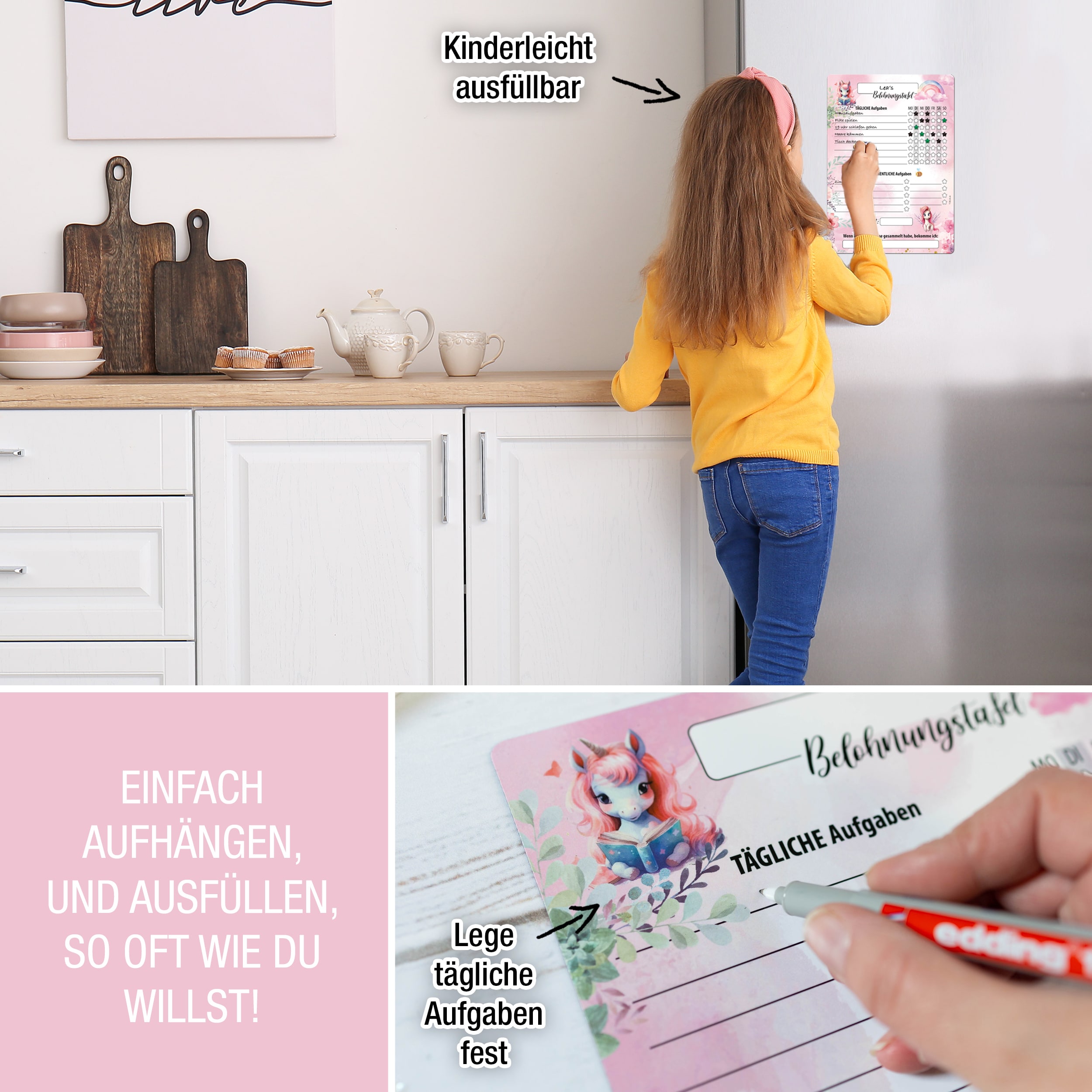 Belohnungstafel A4 magnetisch Einhorn + 4 Markenstifte