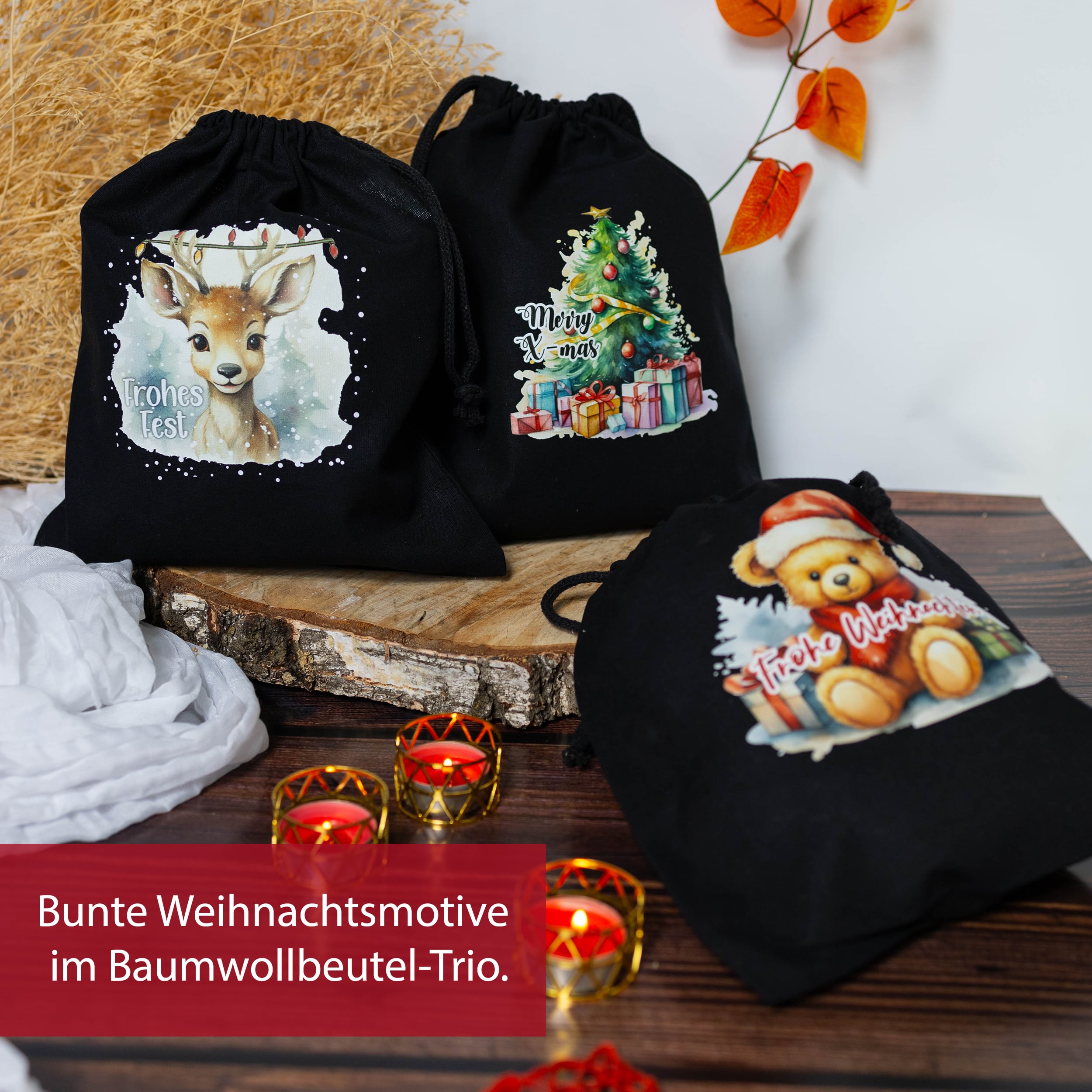 Weihnachtsbeutel Baumwolle Schwarz 3er Set