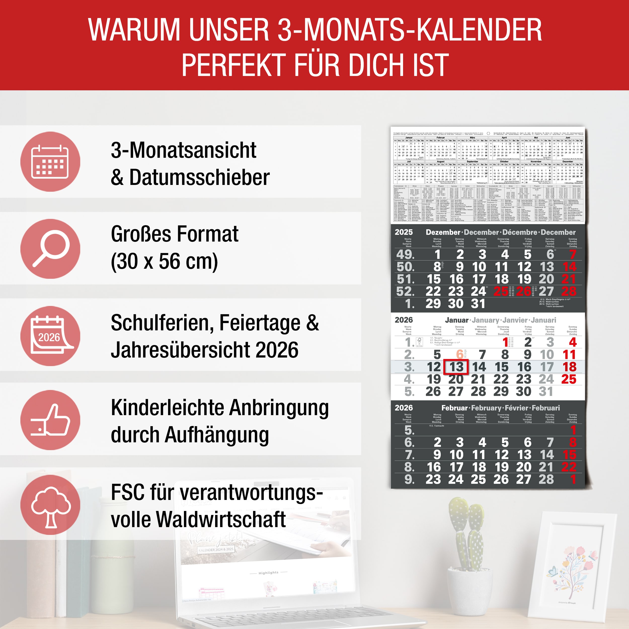 3-Monatskalender 2026 Anthrazit 3-Monatskalender 2026 Anthrazit