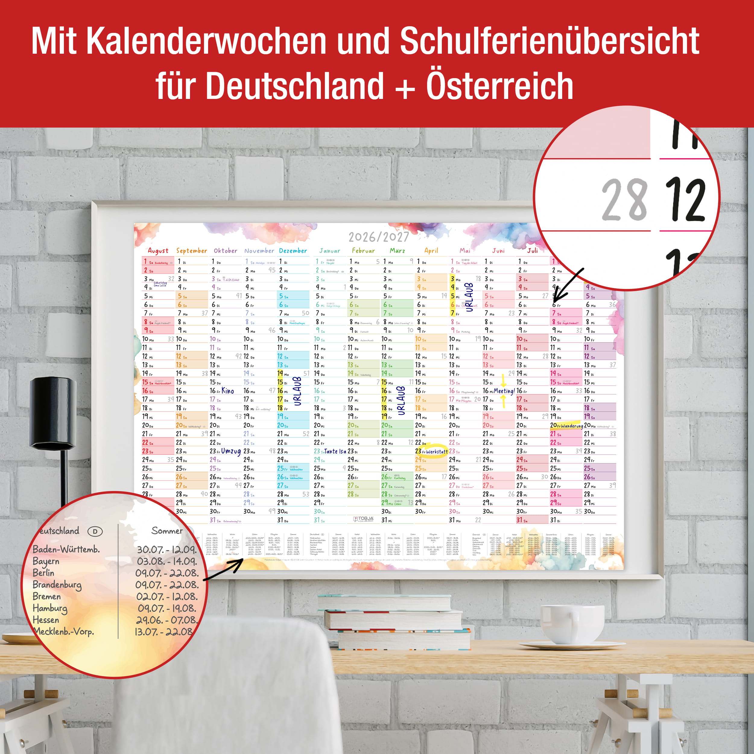 Schuljahreskalender A1 2026/2027 „Aquarell Splash"