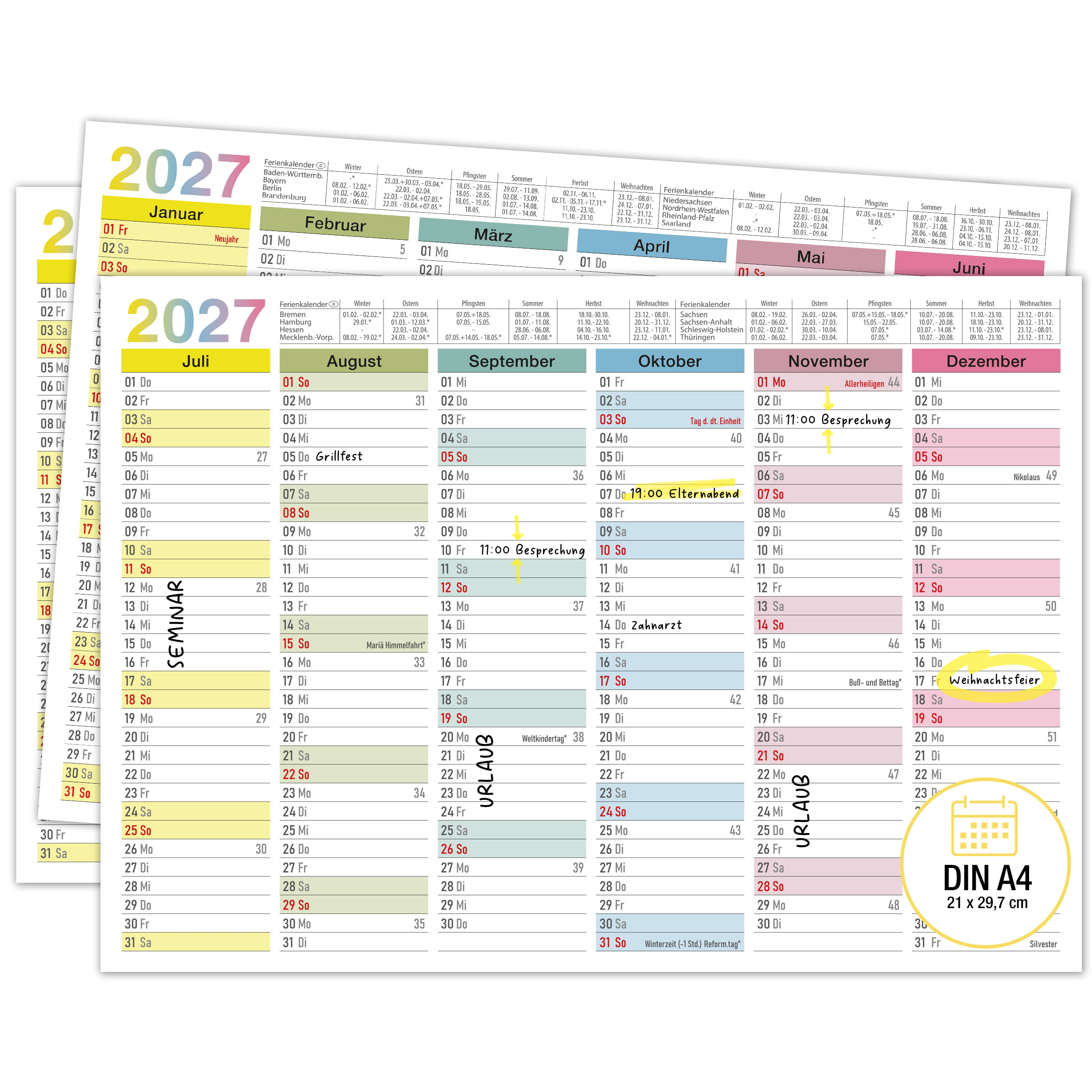 Tafelkalender 2027 Bunt A4 - 3er Set