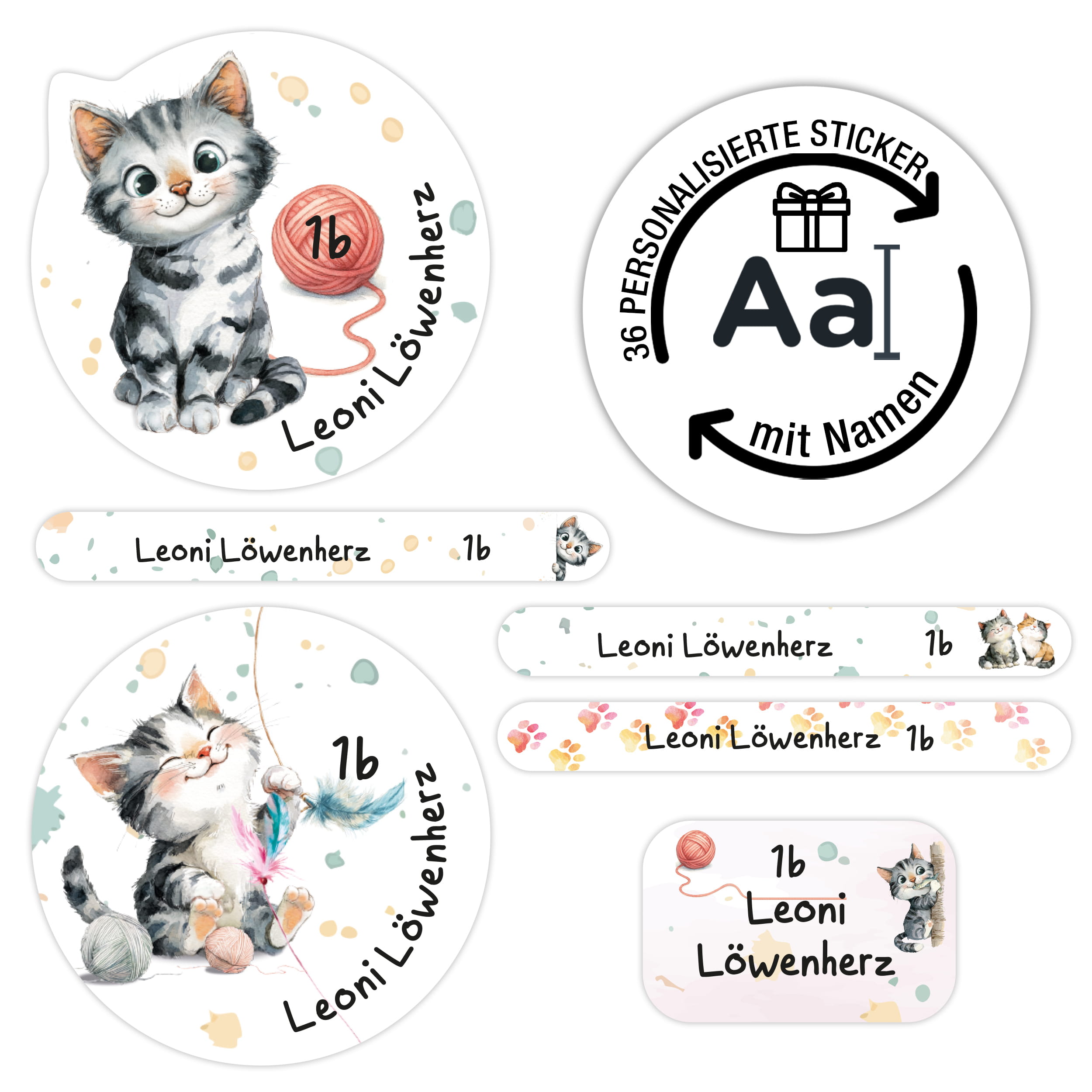 Namensaufkleber Kinder Schule personalisiert Katze