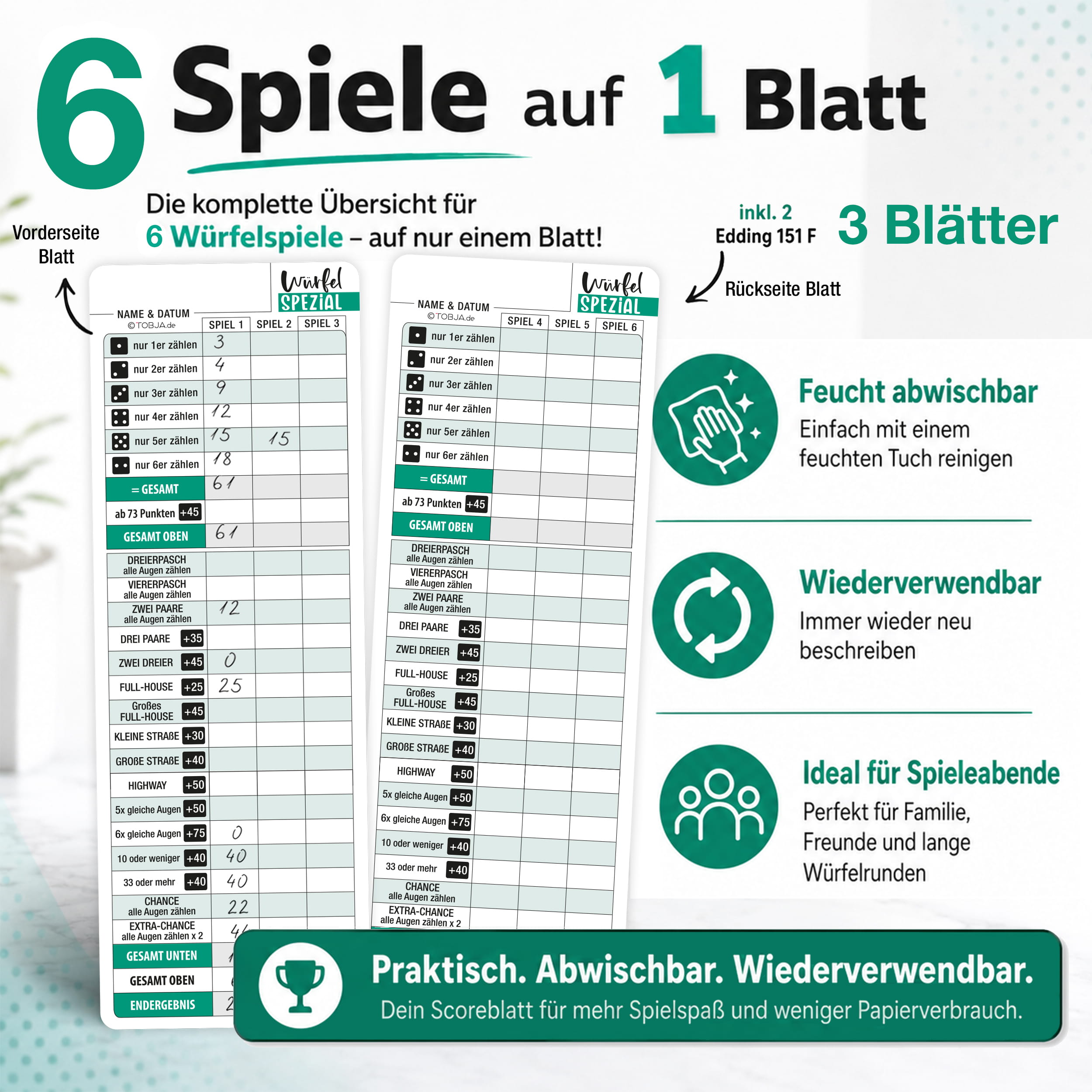 Würfelspiel abwischbar Spezial – 3 Blätter