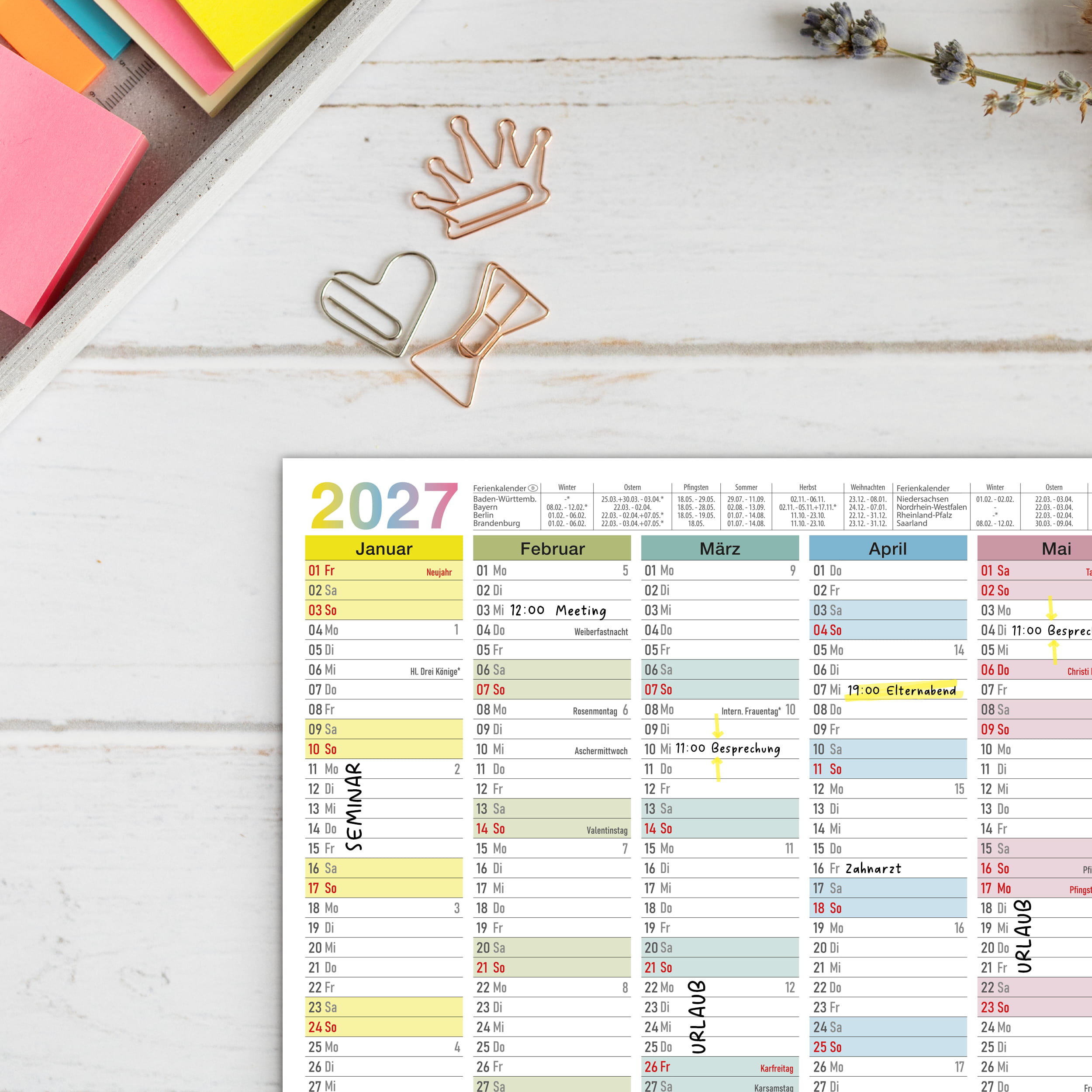 Tafelkalender 2027 Bunt A4 - 3er Set