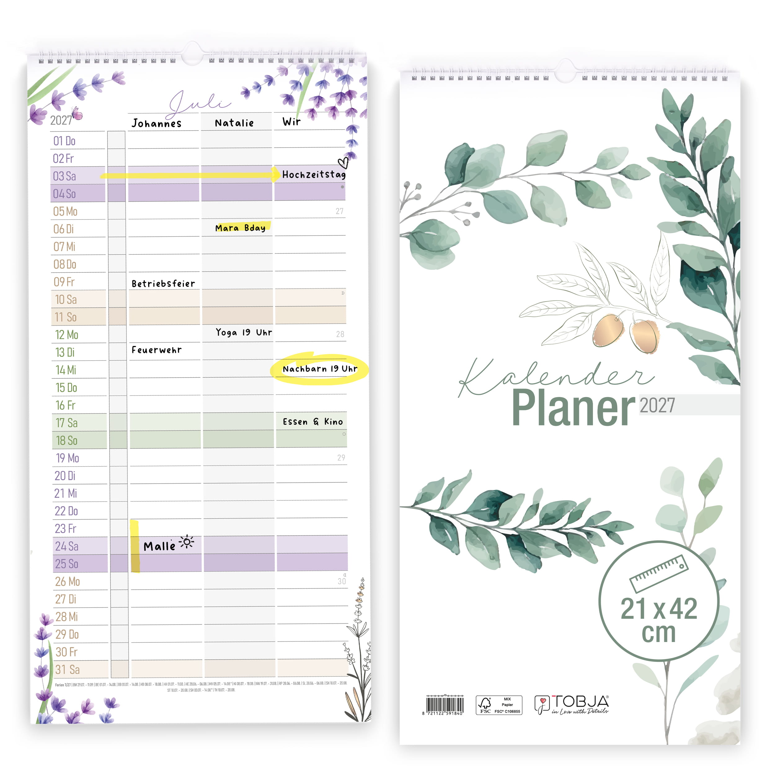 Paarkalender 2027 Olive – 3 Spalten Paarplaner