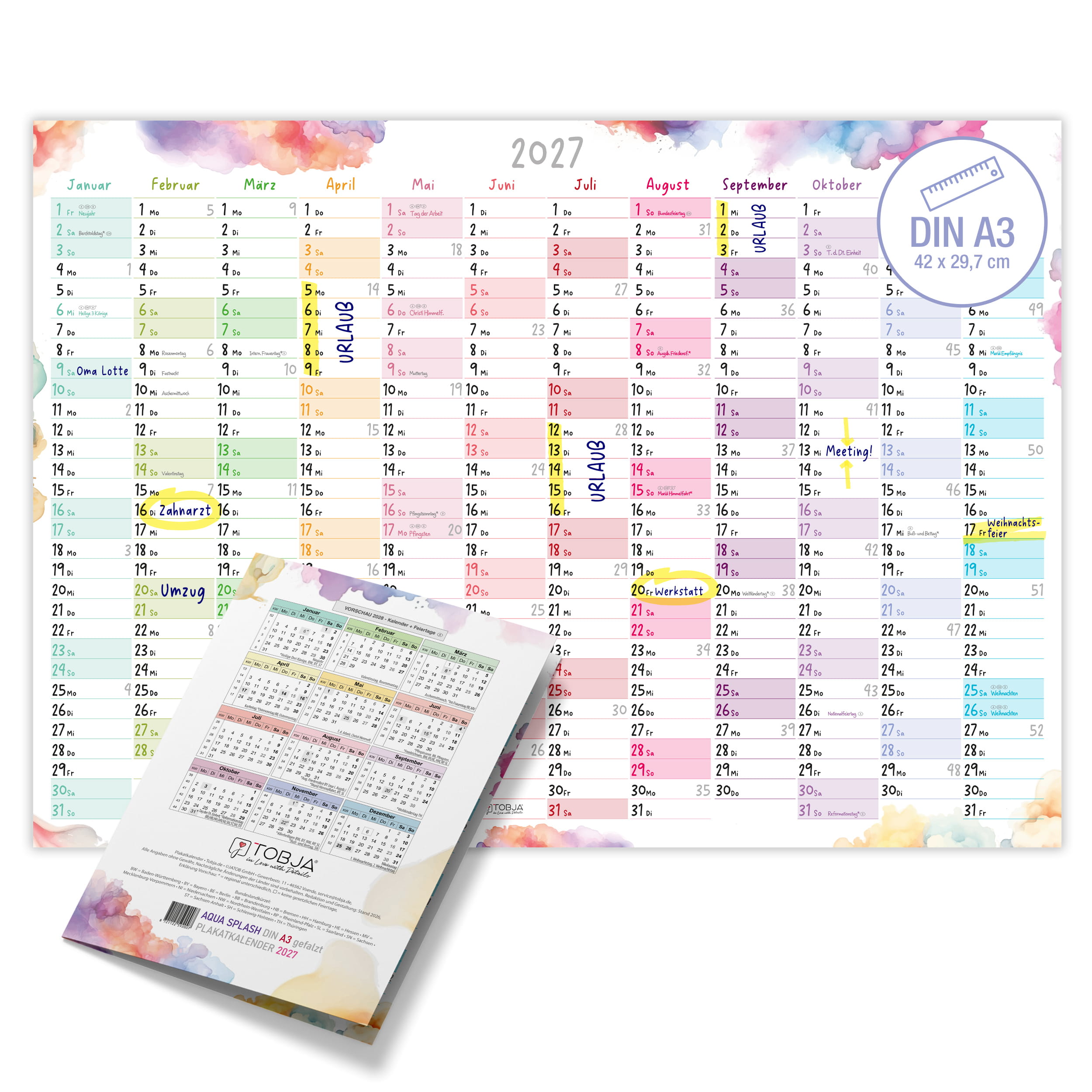 Wandkalender 2027 A3 Aquarell Splash