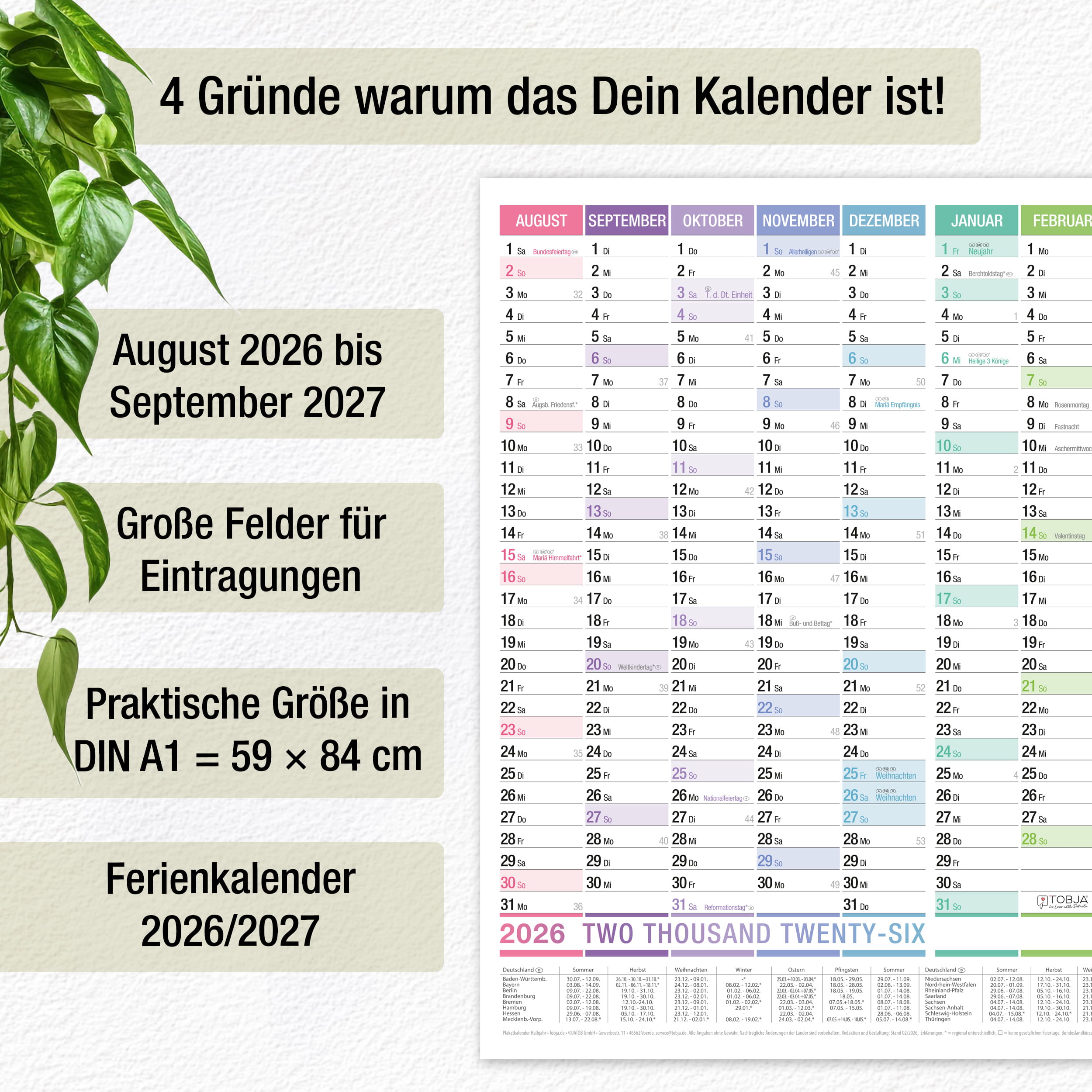 Schuljahreskalender A1 2026/2027 „Colorline"
