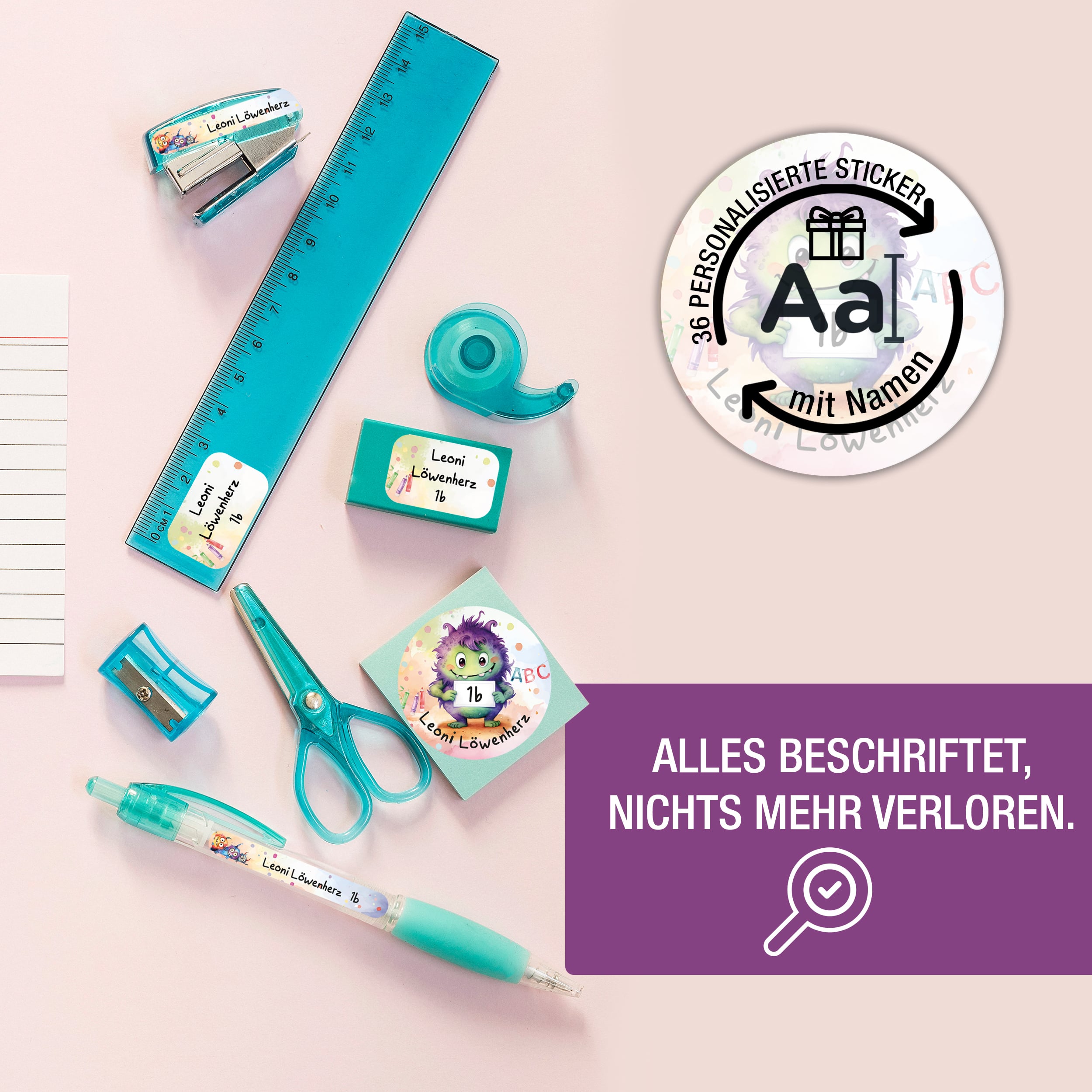 Sticker Set Monster Grundschule personalisiert Name