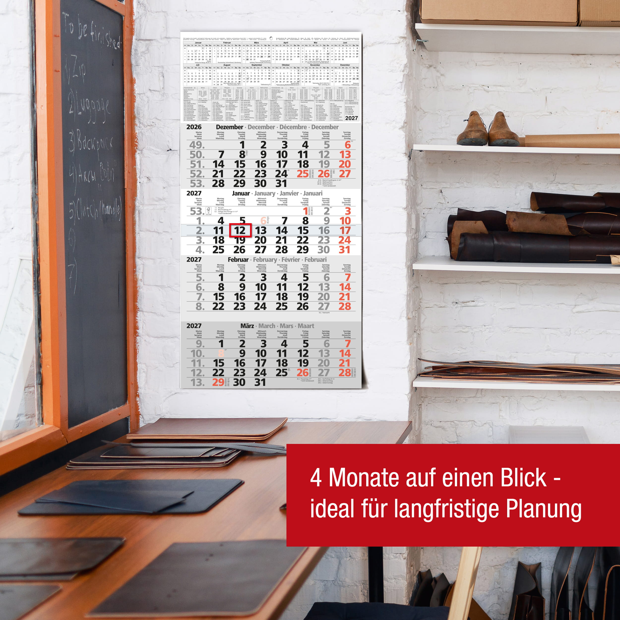 4-Monatskalender 2027 Rot 30x59