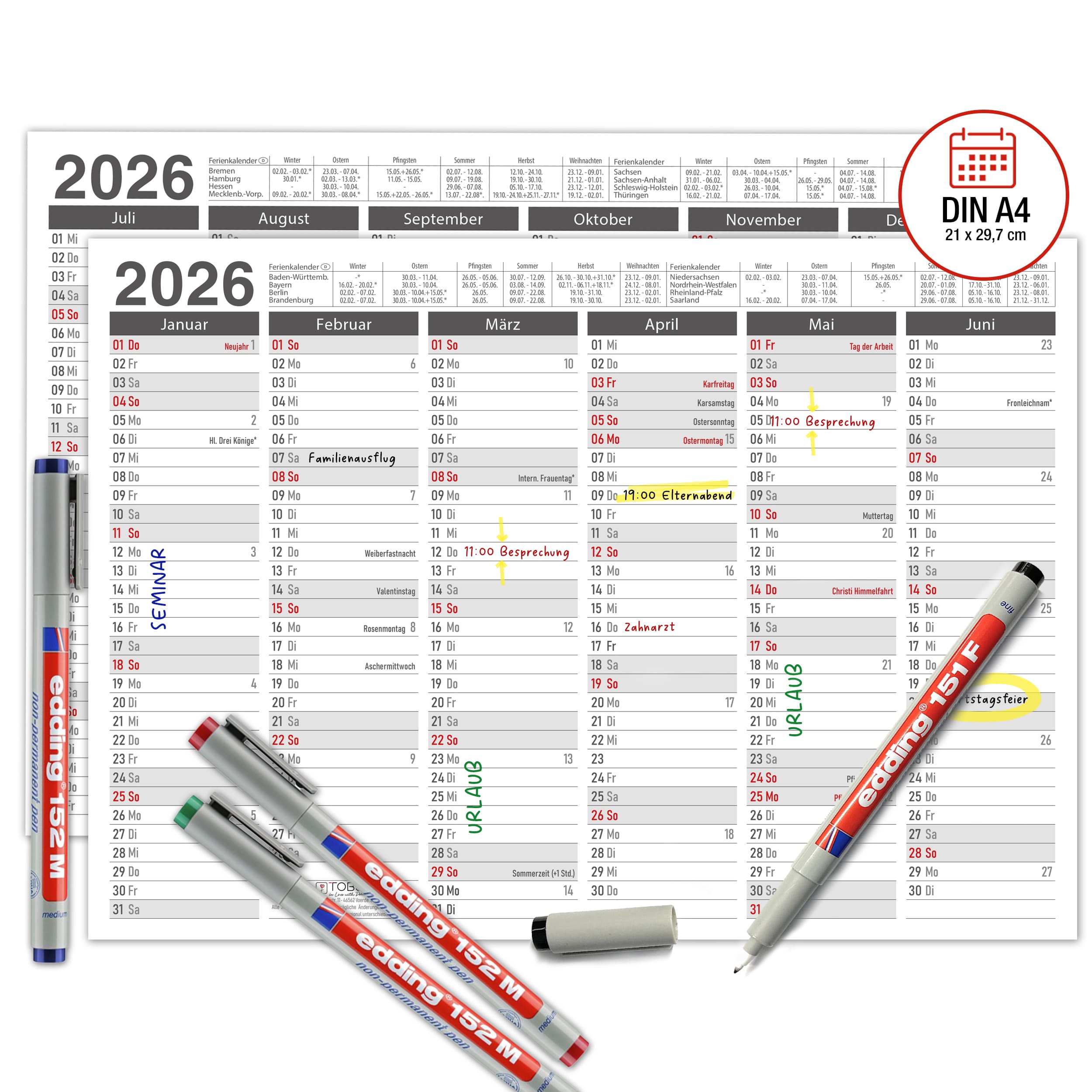 Abwischbarer A4 Tafelkalender 2026 "Grau"  Abwischbarer A4 Tafelkalender 2026 "Grau"  Kalender inkl 4 Stifte