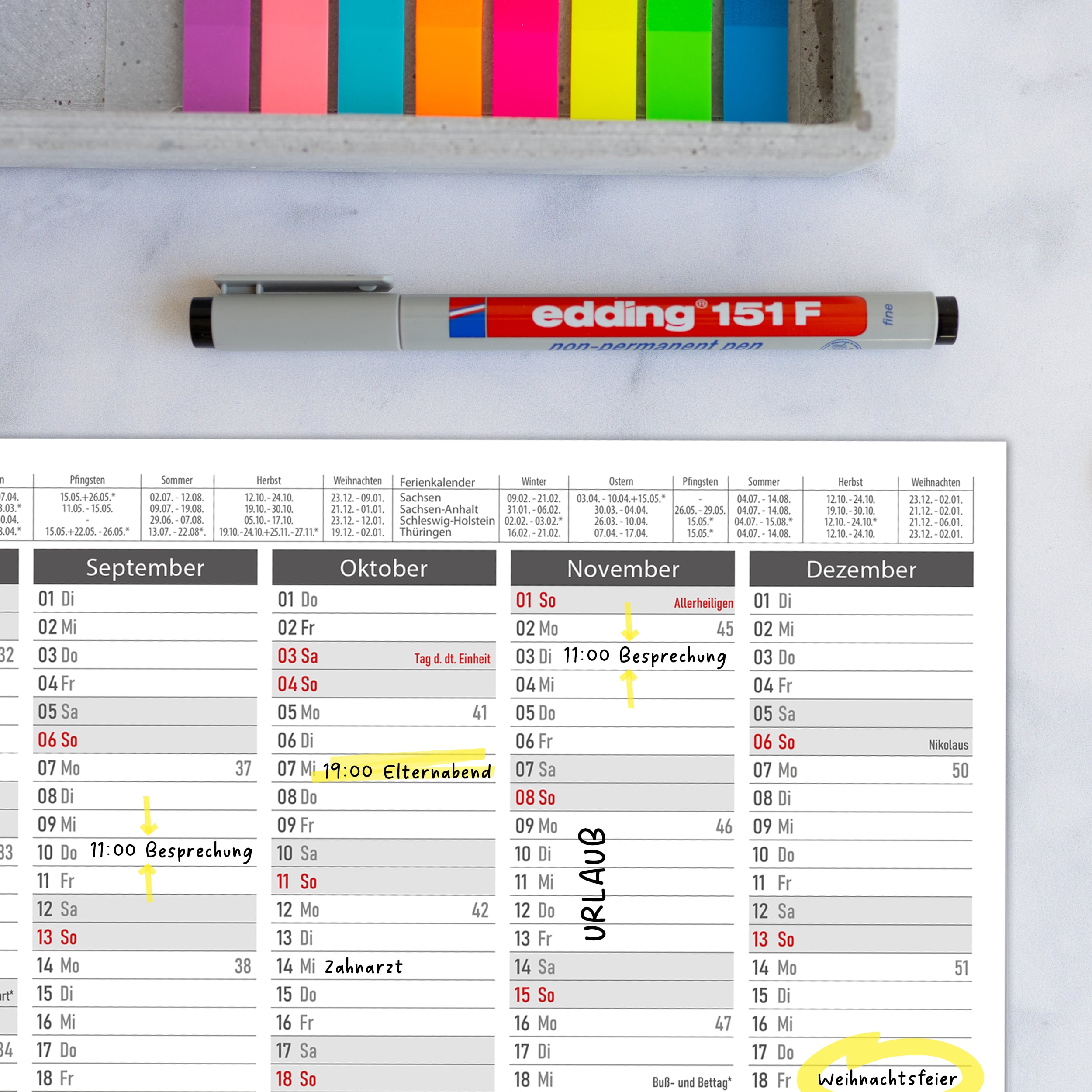 Abwischbarer A4 Tafelkalender 2026 "Grau"  Kalender inkl 4 Stifte
