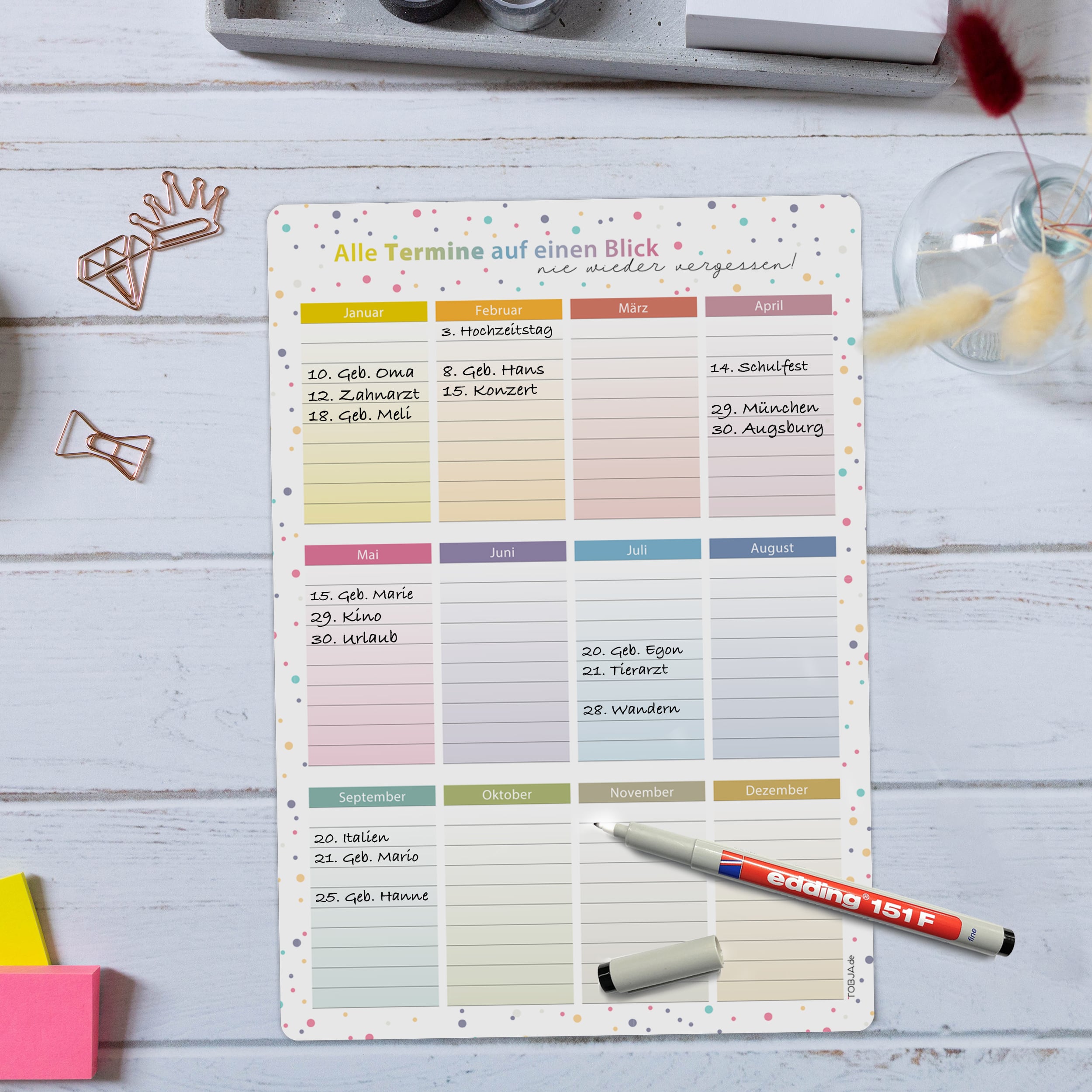 A4 Immerwährender Geburtstagskalender Dots magnetisch [inkl Stift] abwischbar Geburtstagskalender
