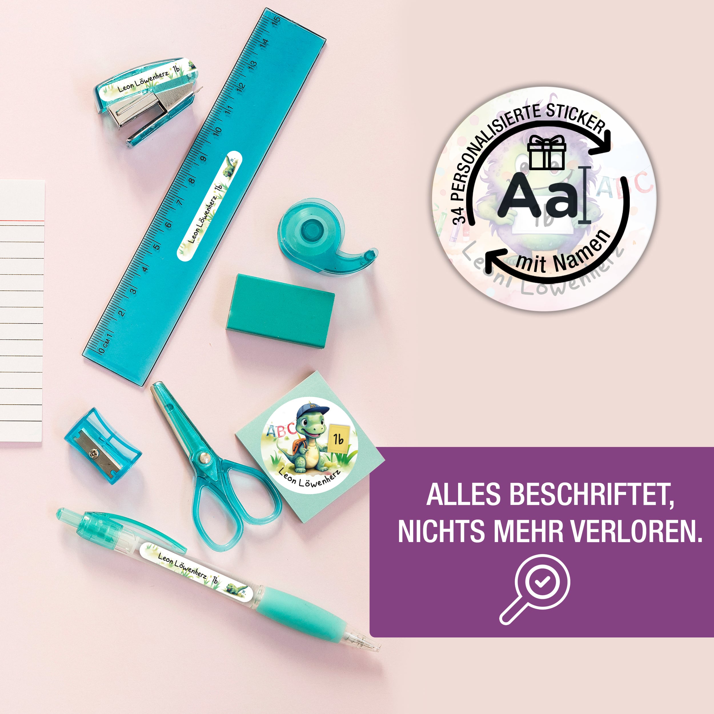 Sticker Set Dino Grundschule personalisiert Name
