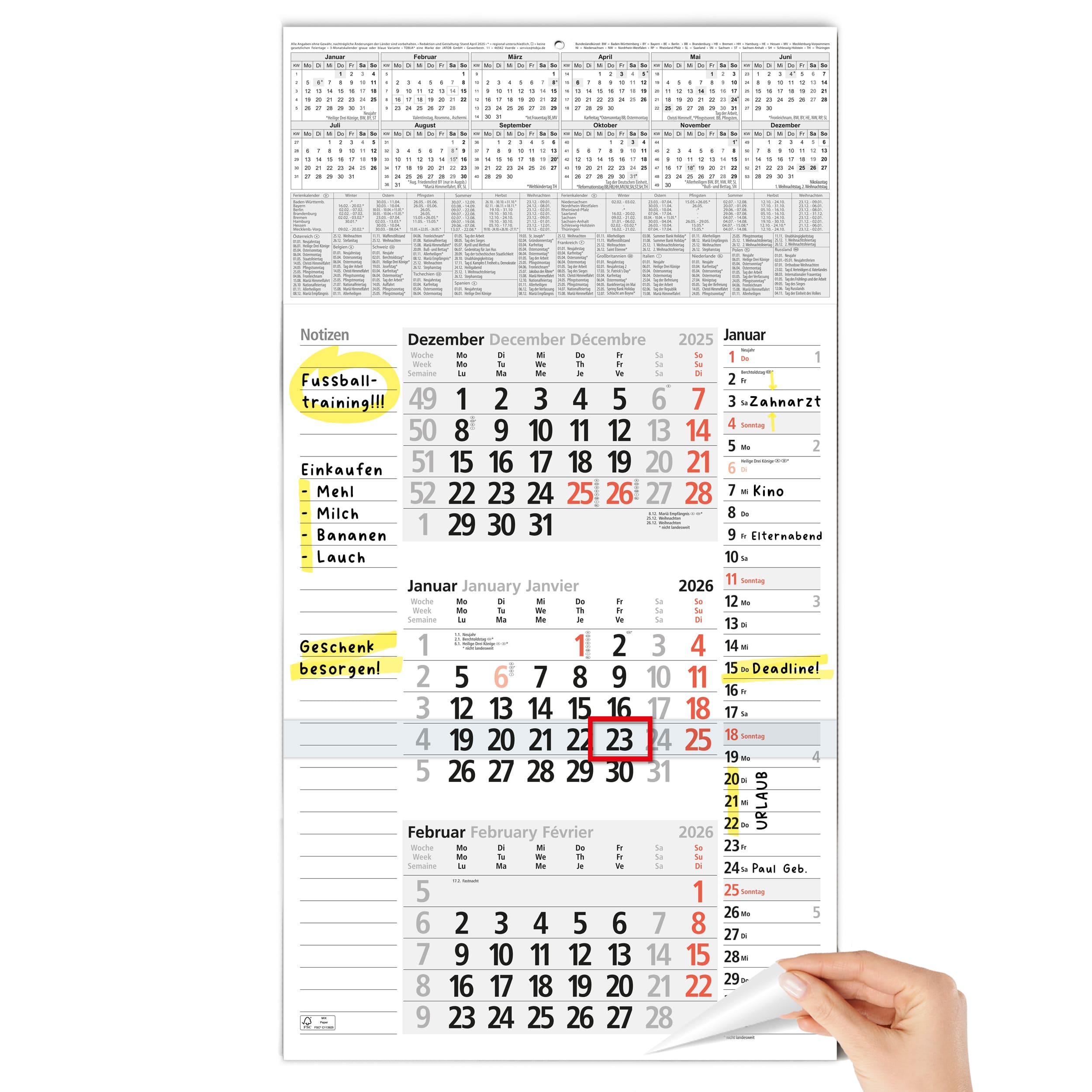 3-Monatskalender 2026 Notizen