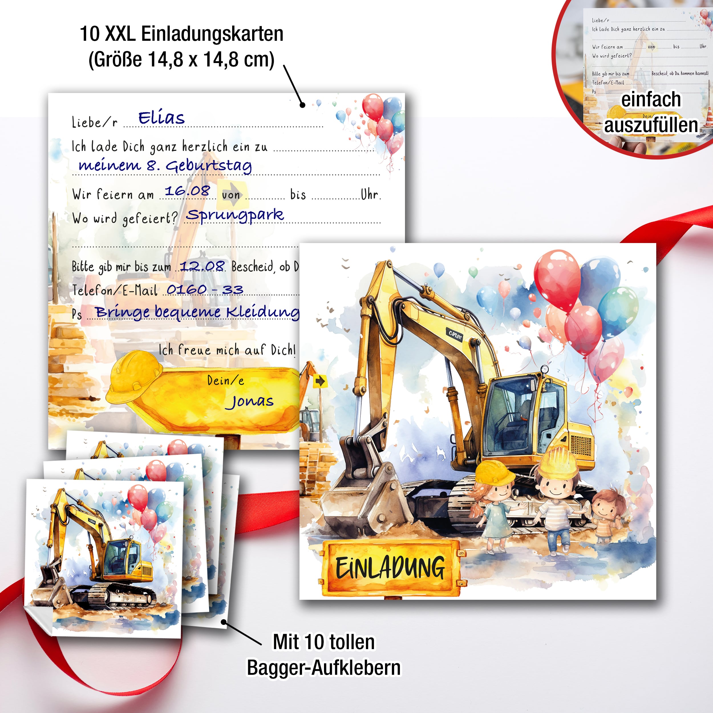 XXL Bagger Einladungskarten für Kindergeburtstag