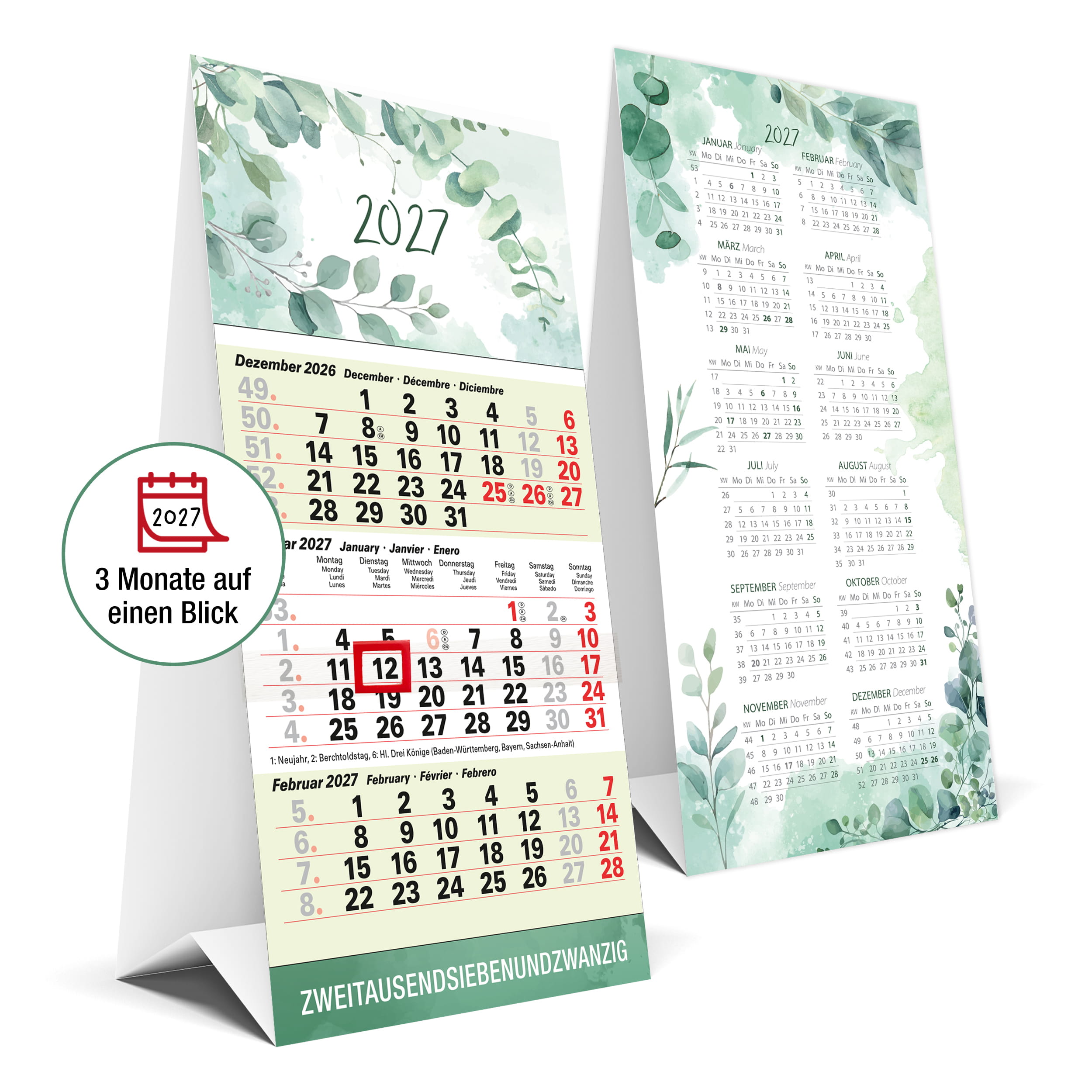 Tischkalender 2027 Eukalyptus – 3 Monatskalender