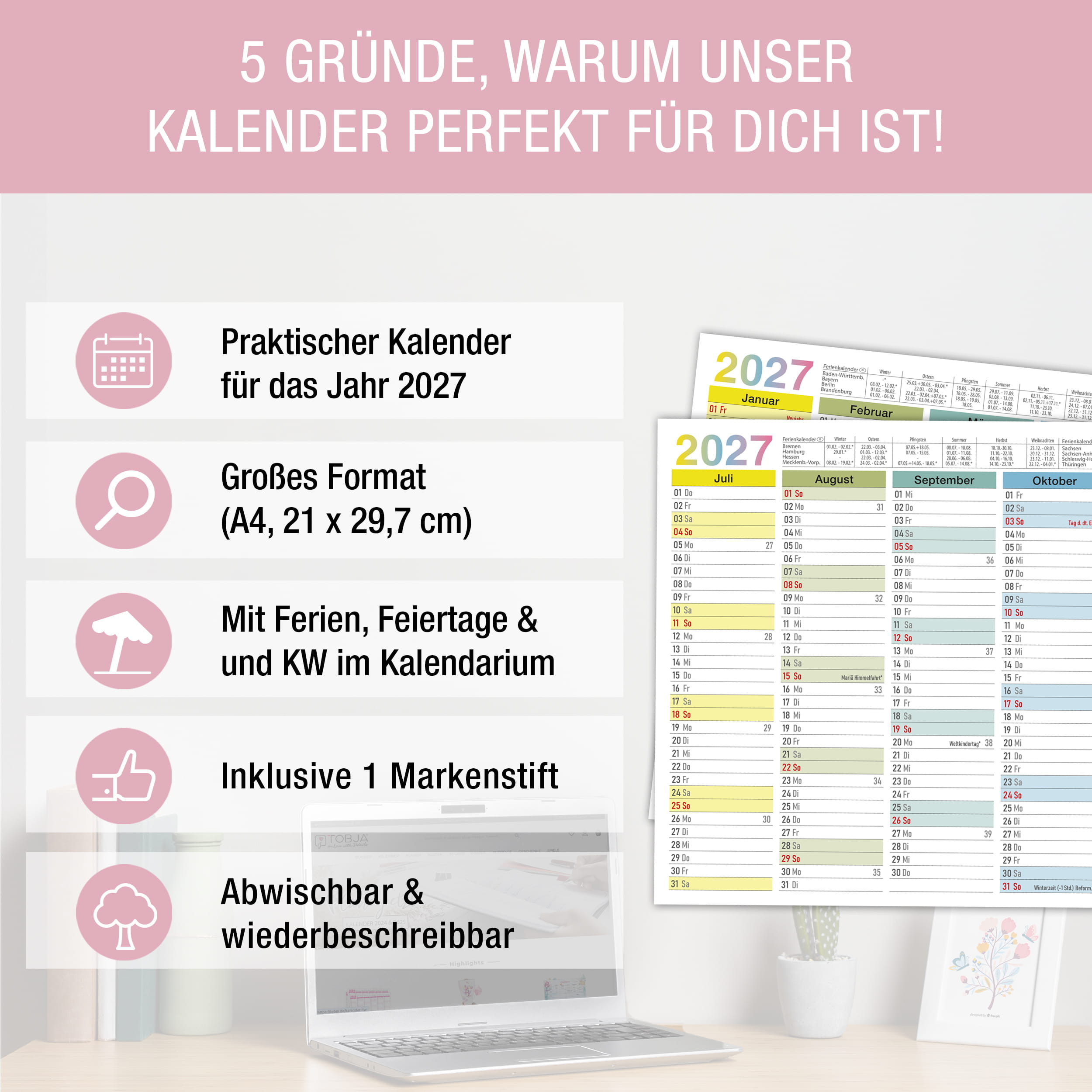 Abwischbarer A4 Tafelkalender 2026 "Bunt"  Kalender inkl 1 Stift
