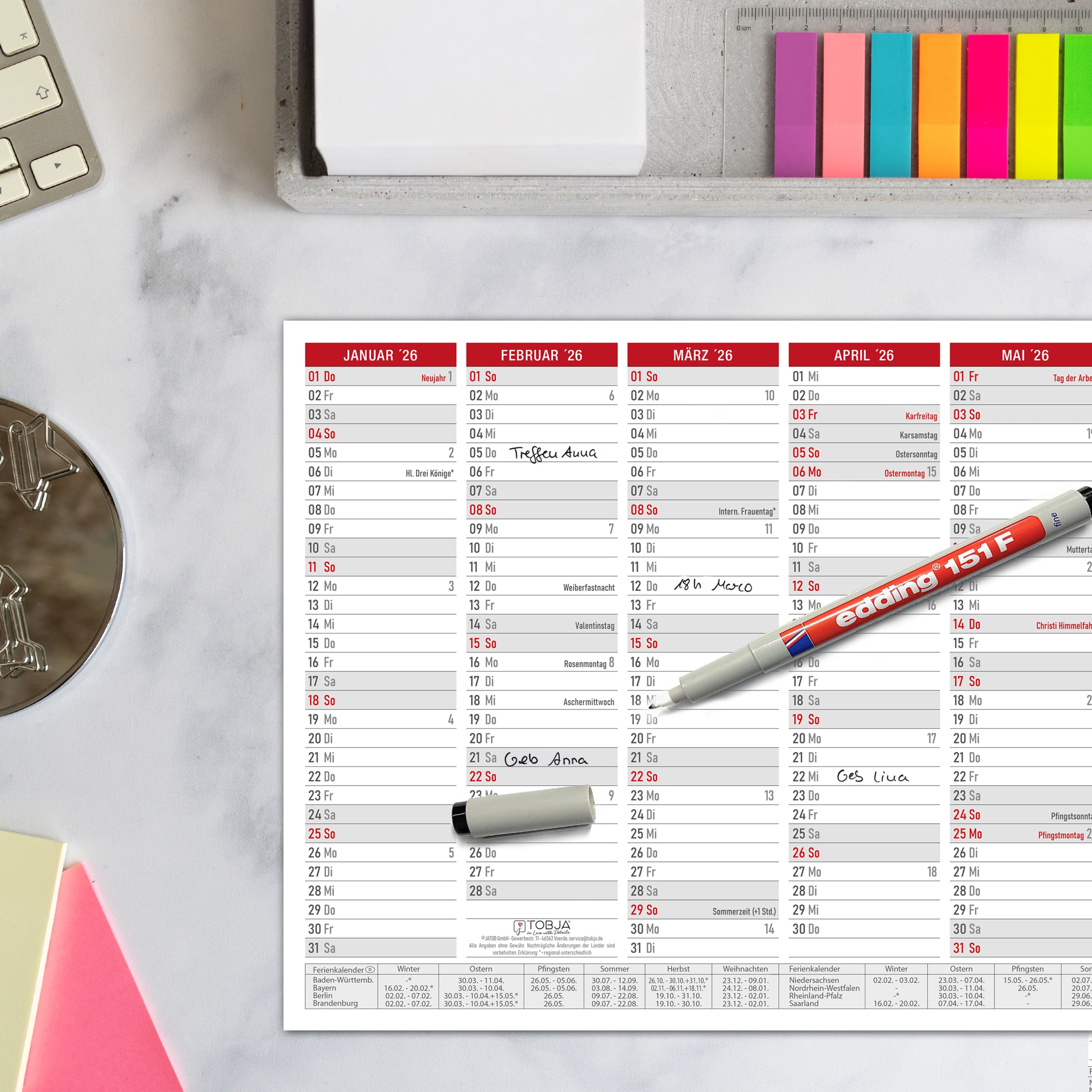 A4 abwischbar Tafelkalender ROT +1 Stift 2026 "Folie" Jahreskalender wiederbeschreibbar FSC
