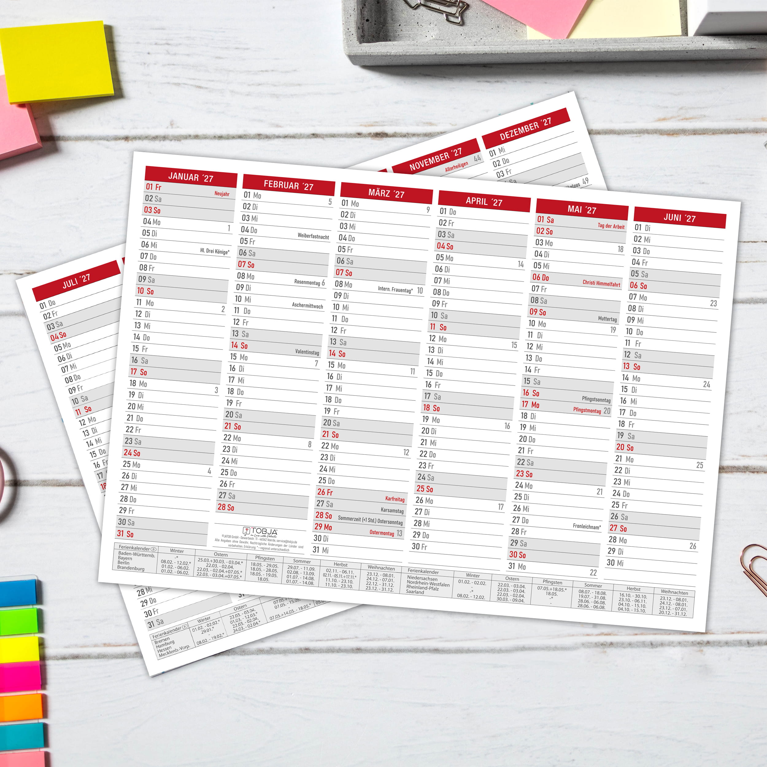 Tafelkalender 2027 Rot A4 - 3er Set