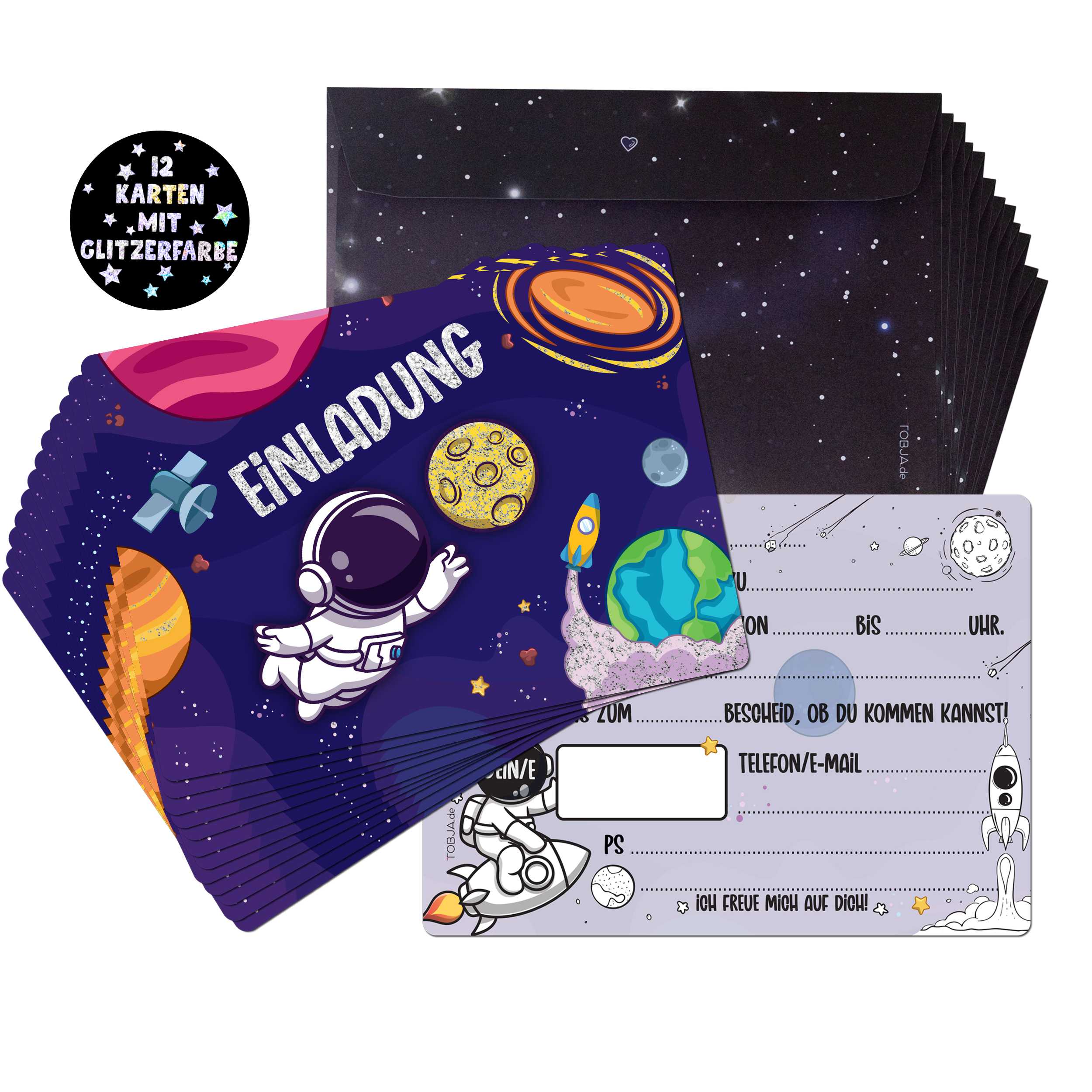 12 Einladungskarten inkl. Umschläge "Astronauten Party"