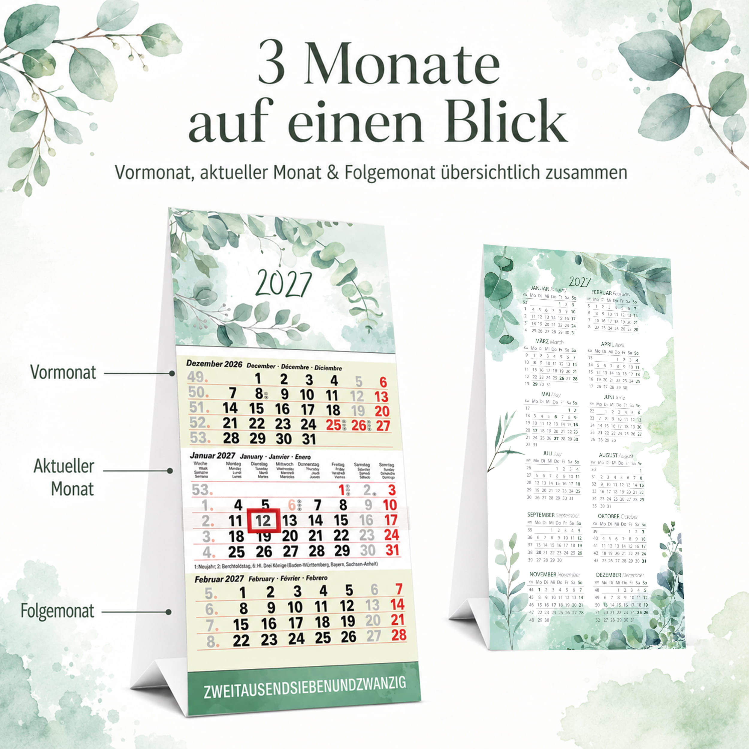 Tischkalender 2027 Eukalyptus – 3 Monatskalender