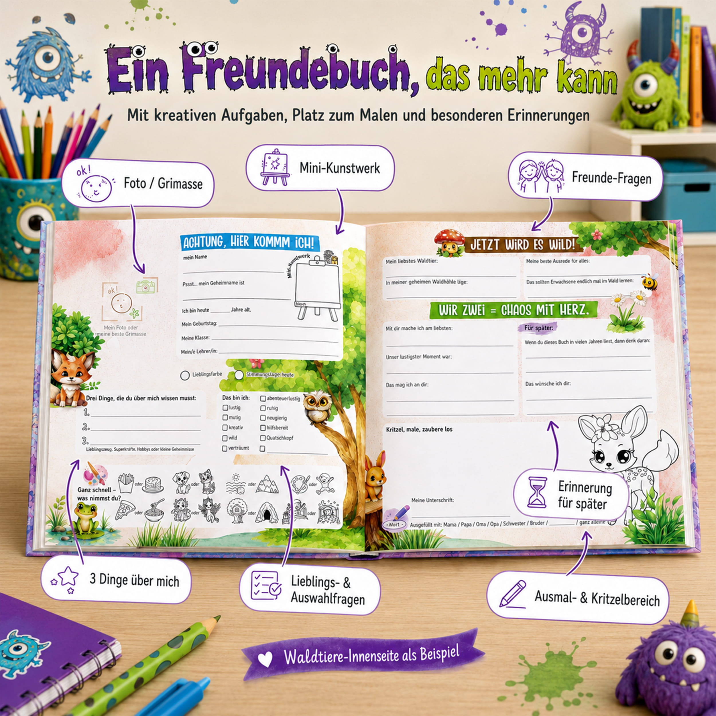 Freundebuch Grundschule Monster – 21 x 21 cm Hardcover