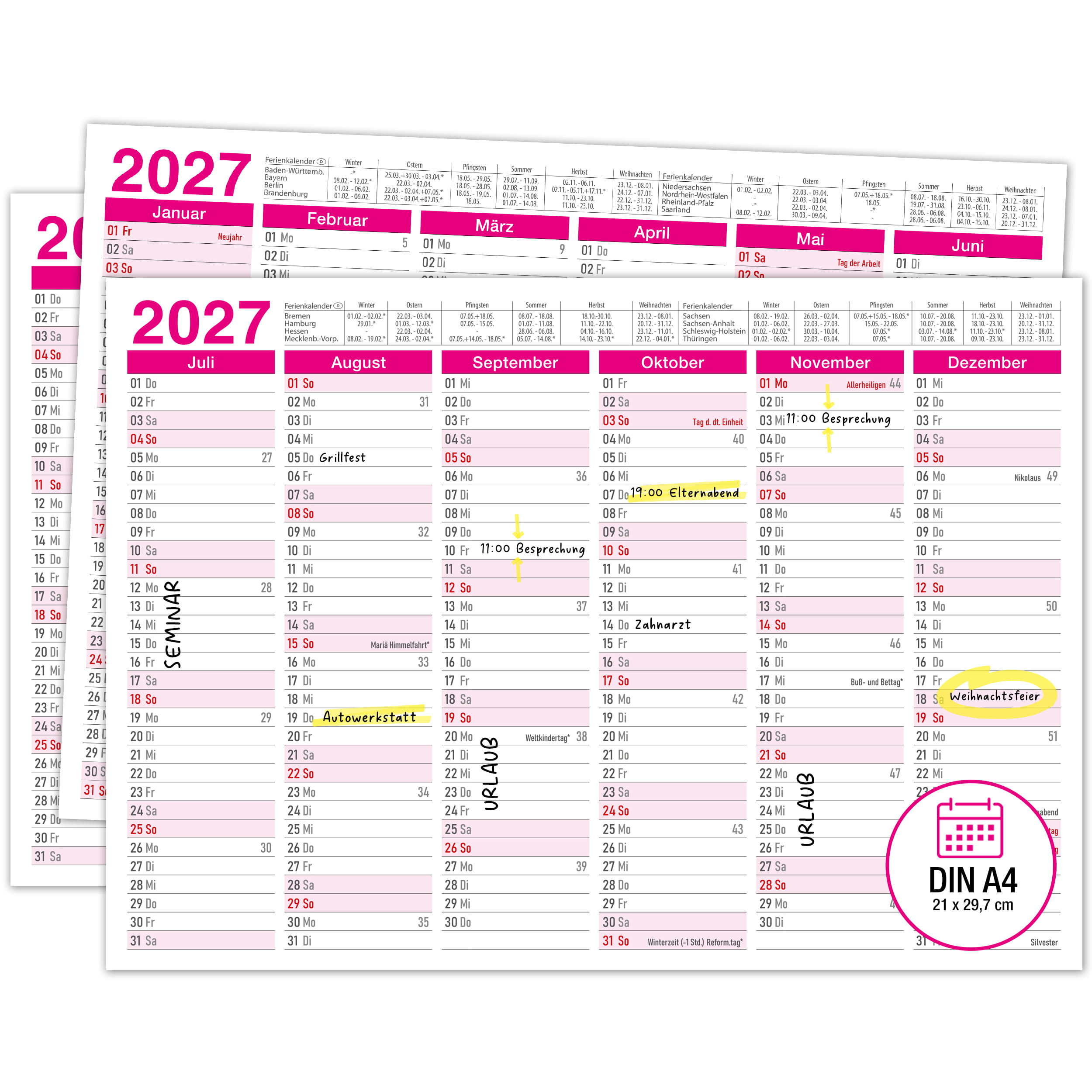 Tafelkalender 2027 Pink A4 - 3er Set