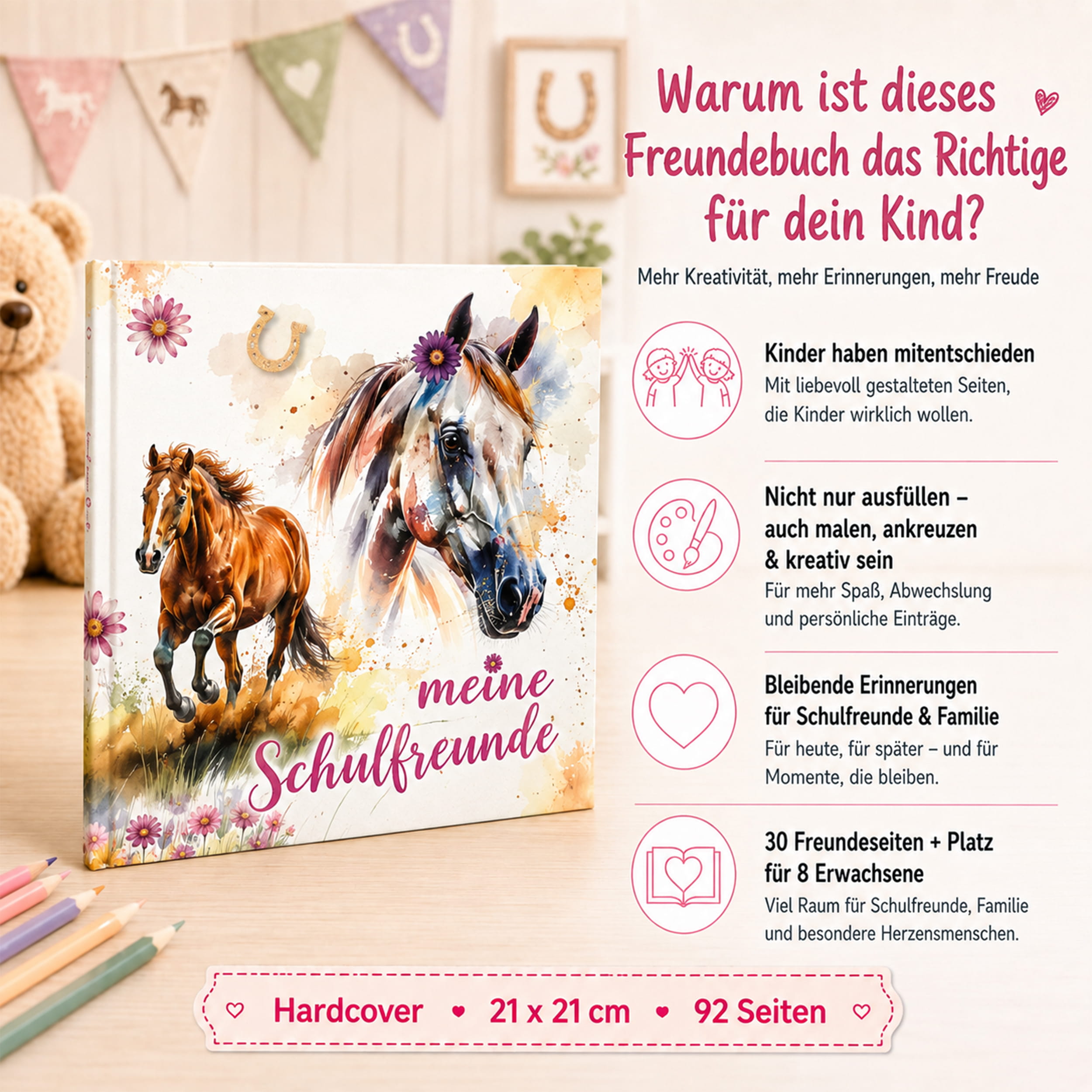 Freundebuch Grundschule Pferde – 21 x 21 cm Hardcover