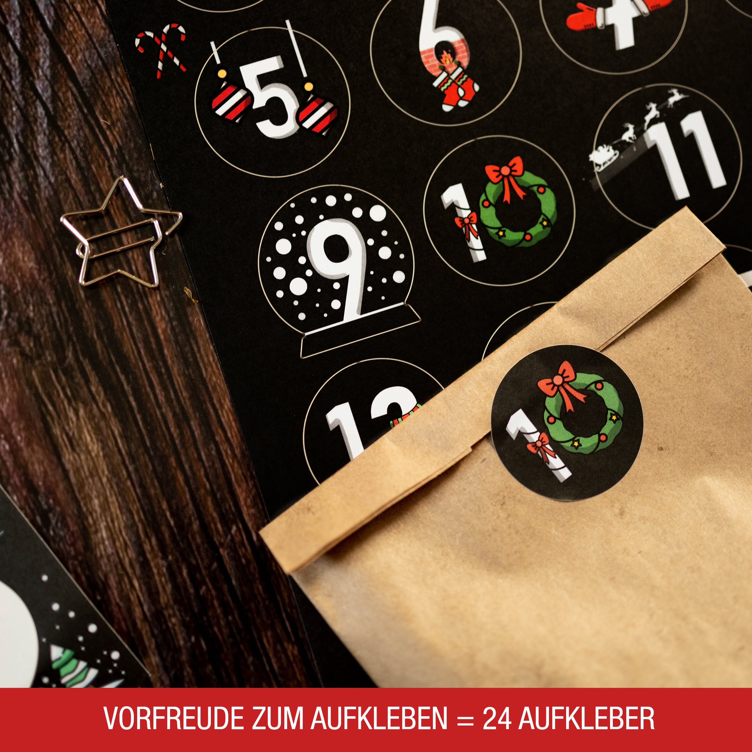 Adventsaufkleber Zahlen 1-24 schwarz-bunt