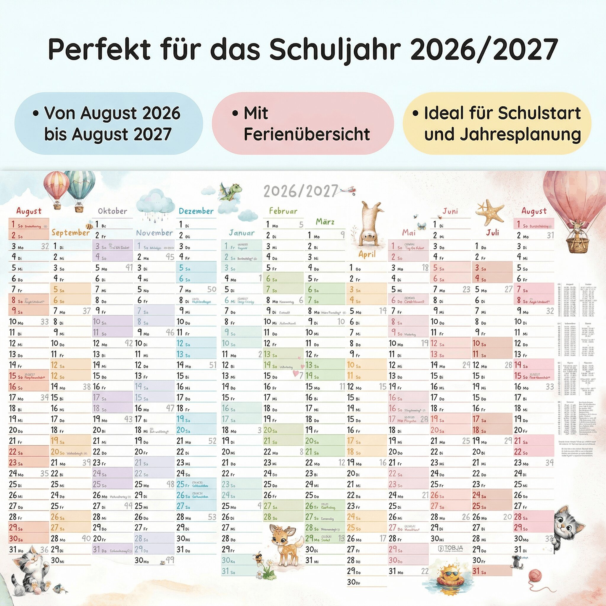Schuljahreskalender A1 2026/2027 „Tierwelt Pastell"
