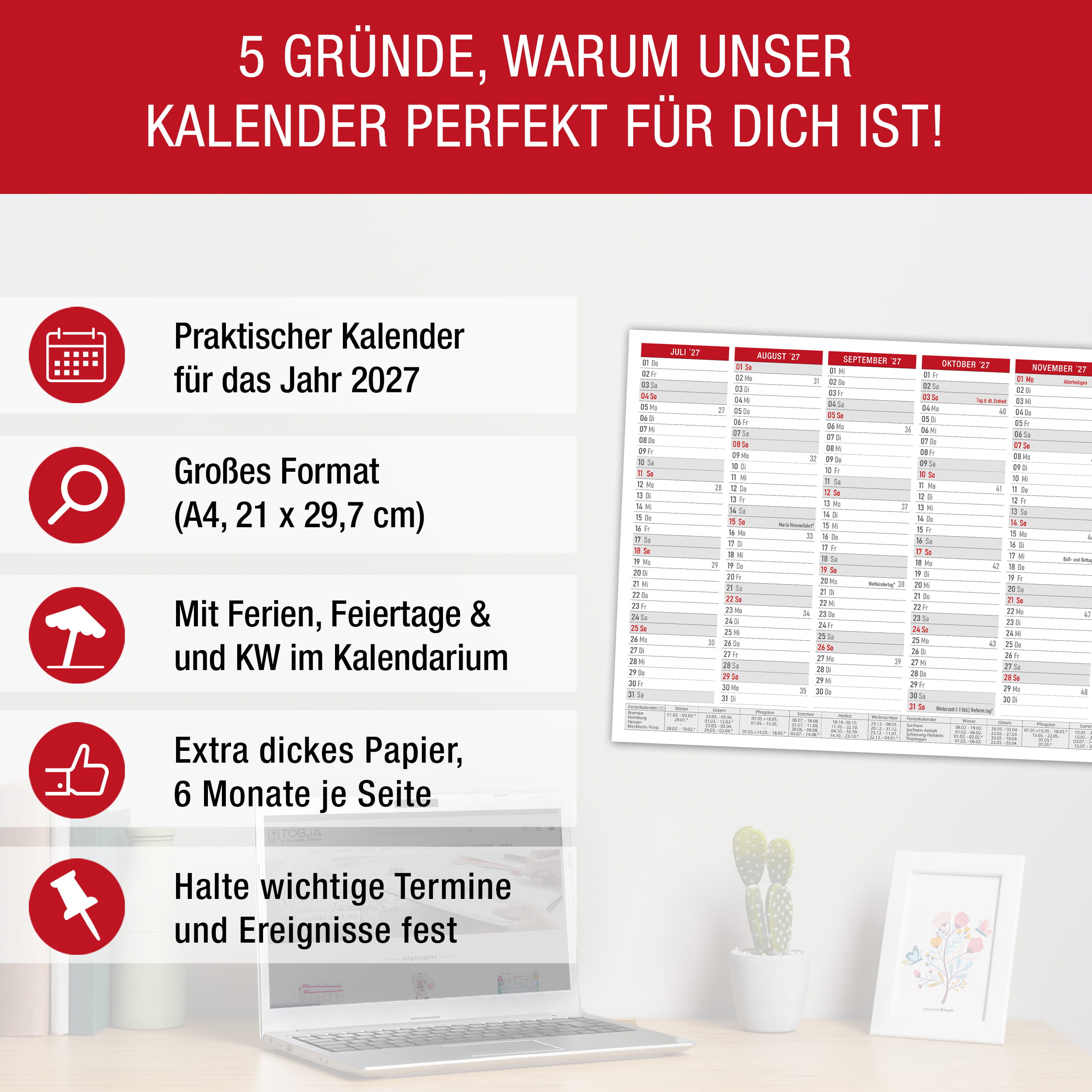 Tafelkalender 2027 Rot A4 - 3er Set