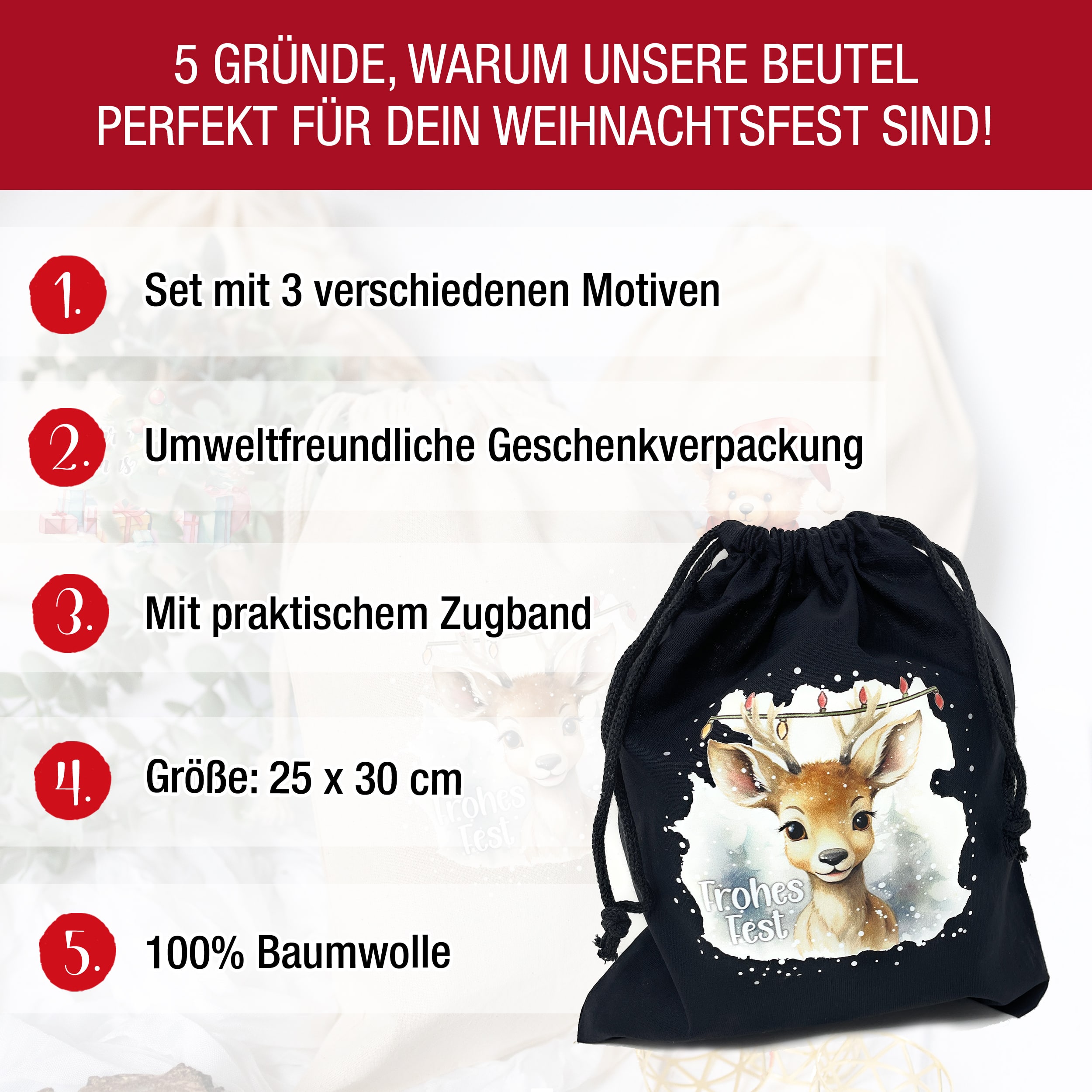 Weihnachtsbeutel Baumwolle Schwarz 3er Set