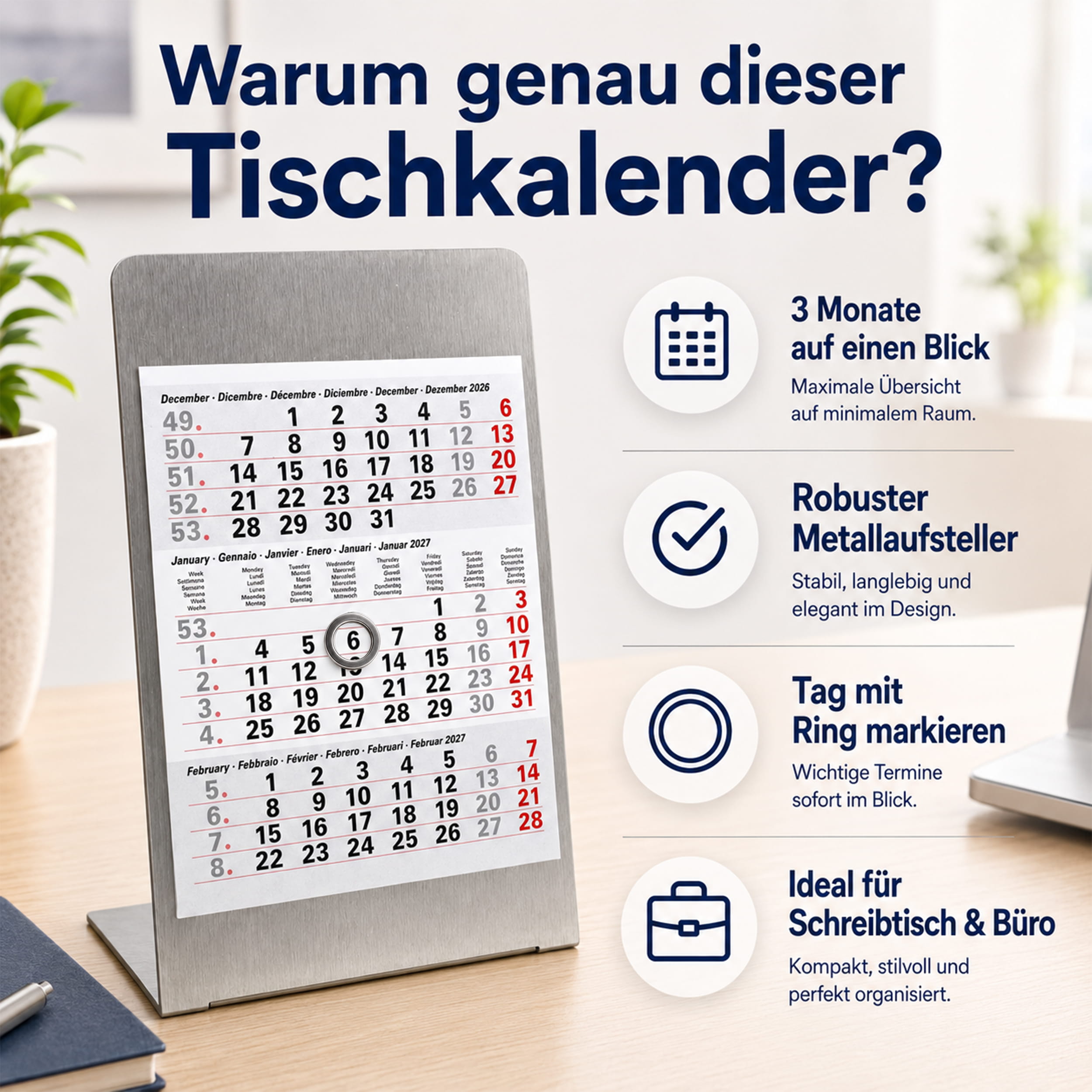 Magnet-System Titan – Tischkalender 2027 mit Metallaufsteller
