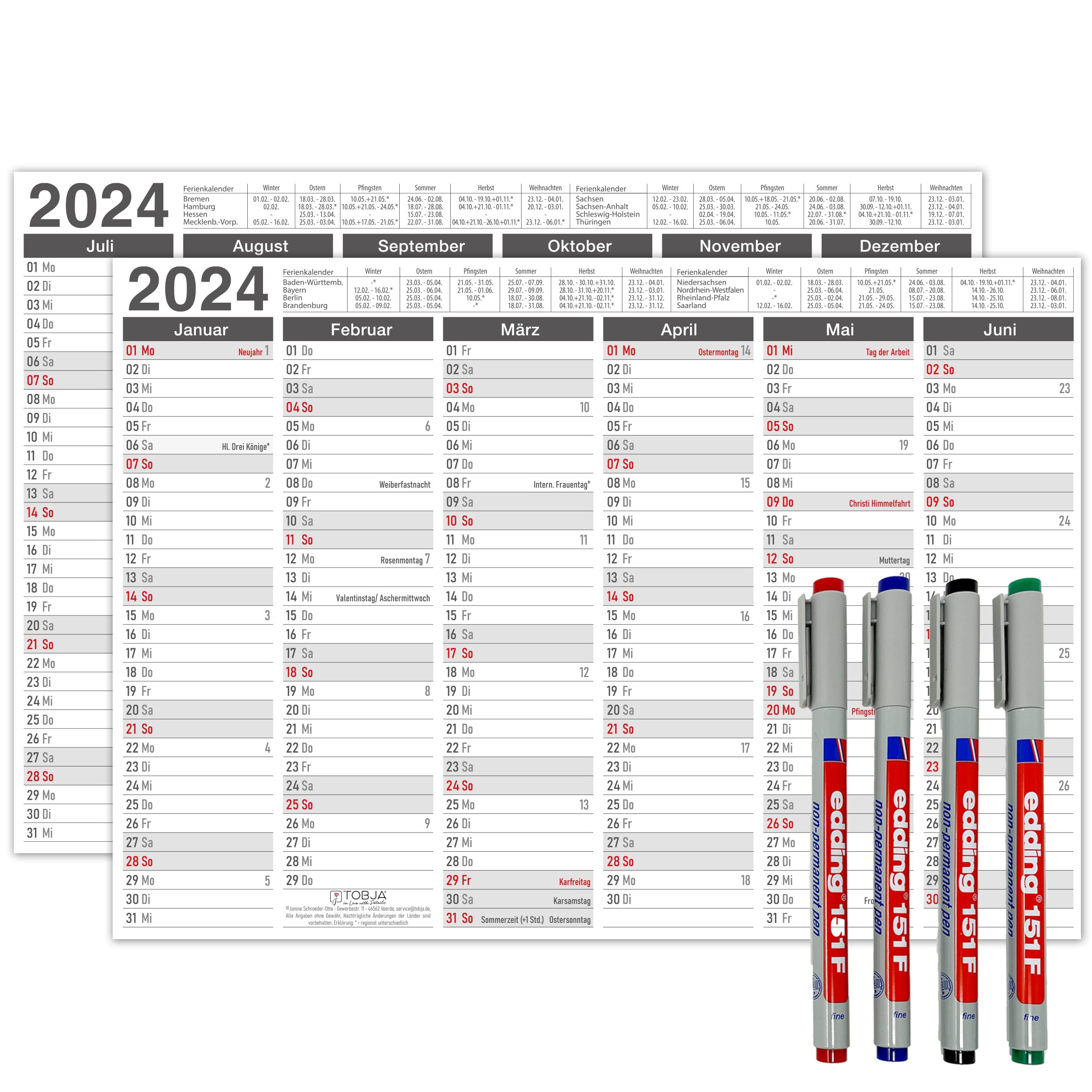 Tafelkalender 2024 "anthrazit" abwischbar inkl. 4 Markenstifte bunt