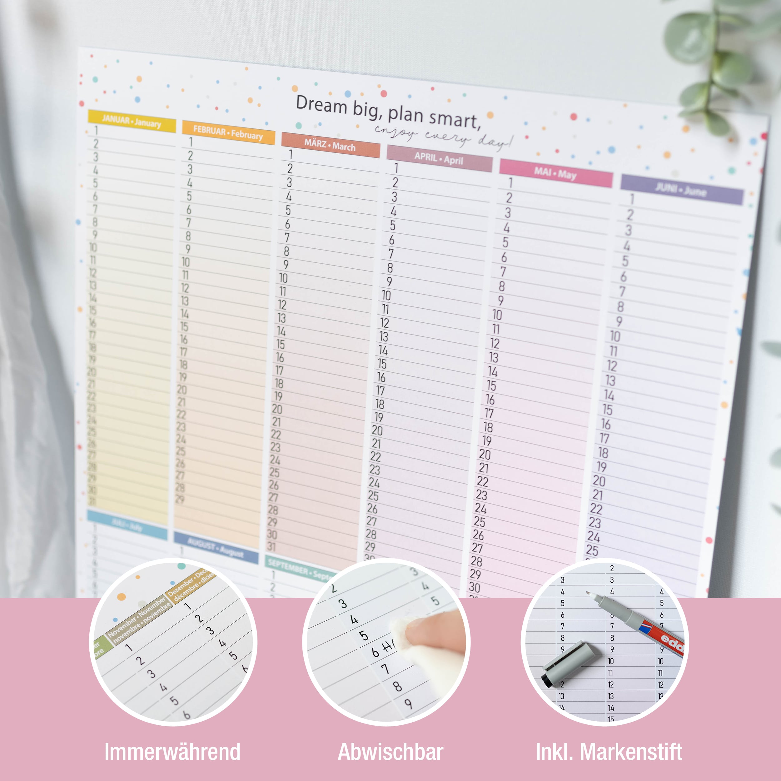 A3 Immerwährender Abwischbarer Kalender "Dots" A3 Immerwährender Abwischbarer Kalender "Dots"