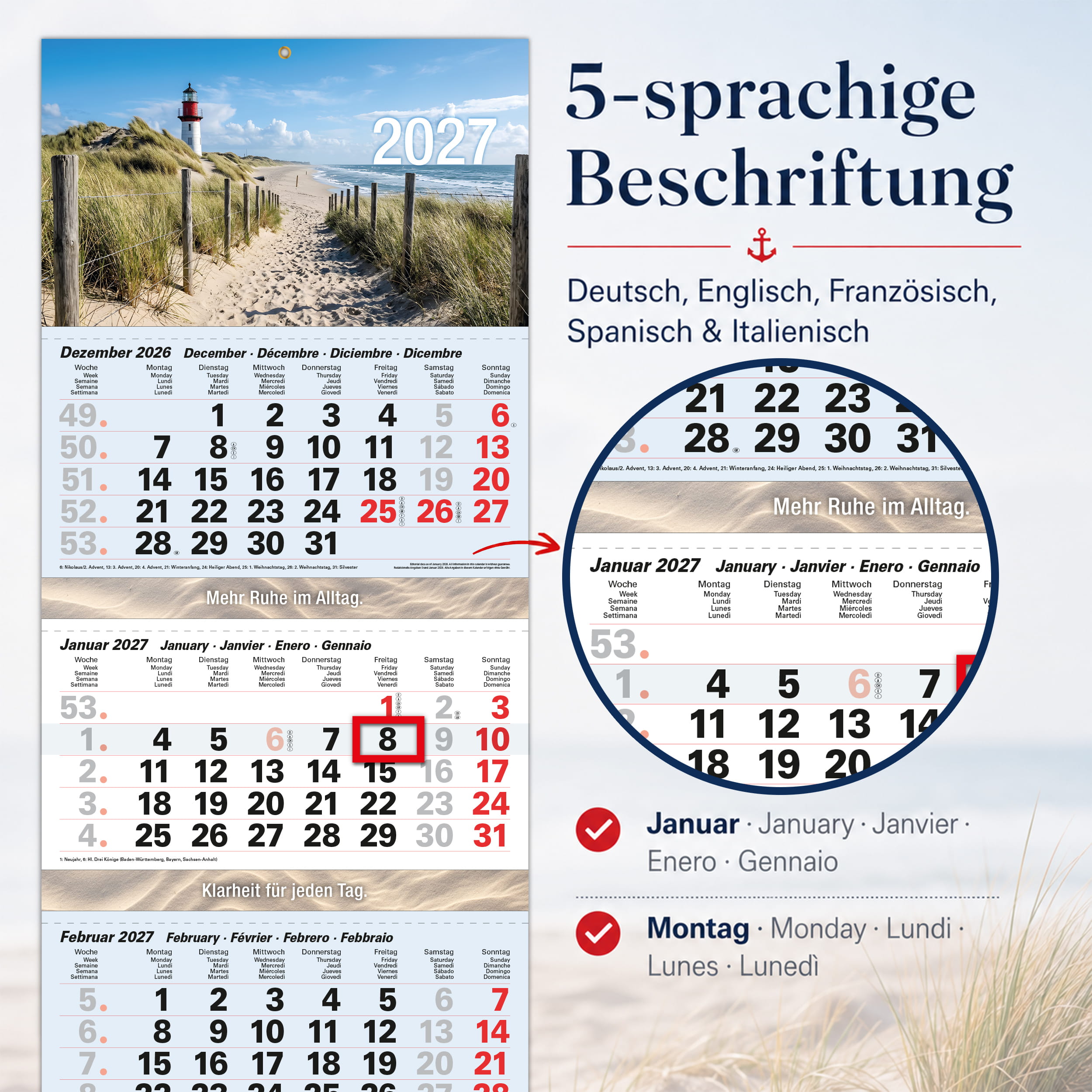 4-Monatskalender 2027 Nordsee Leuchtturm 32x95,5