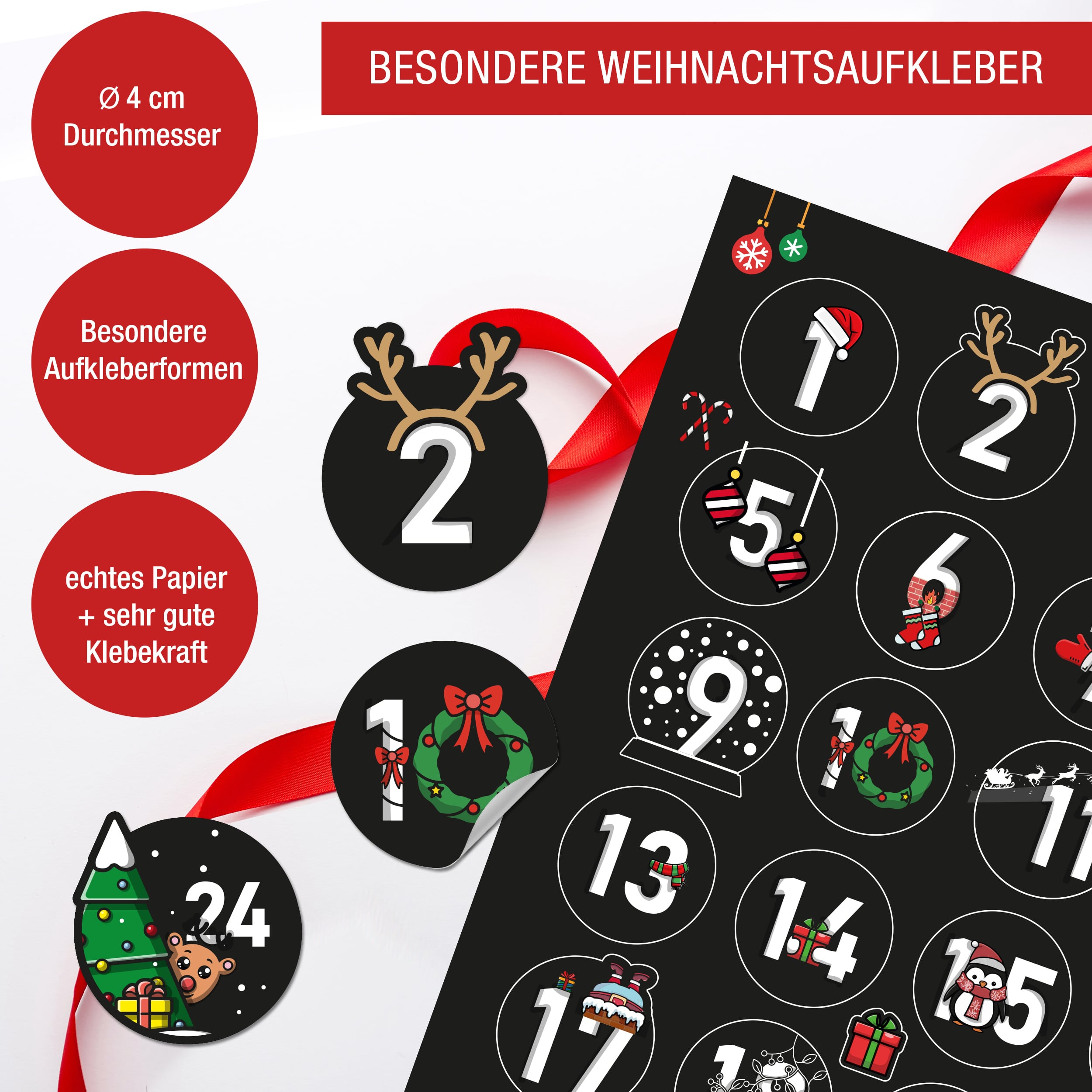 Adventsaufkleber Zahlen 1-24 schwarz-bunt