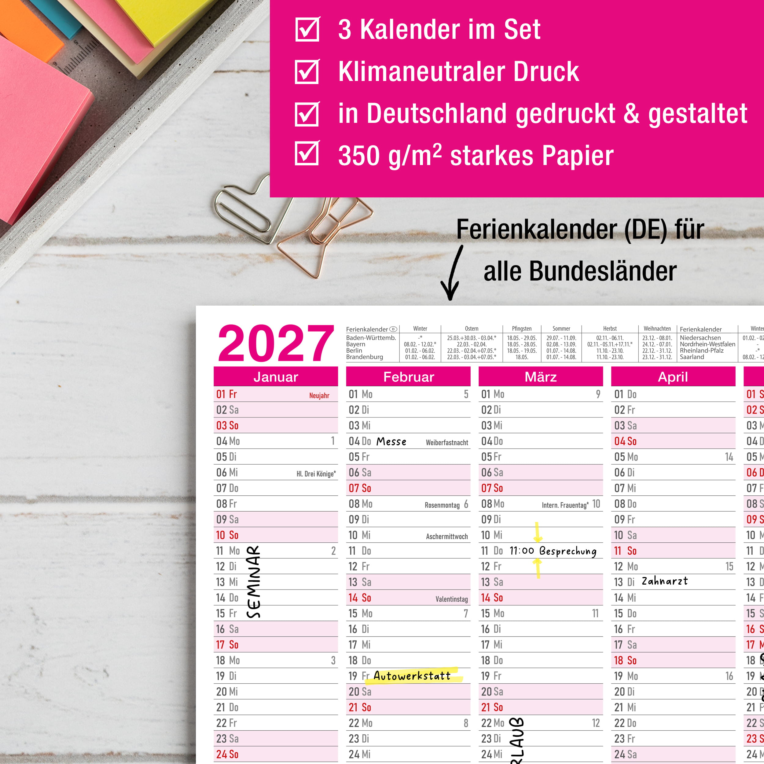Tafelkalender 2027 Pink A4 - 3er Set