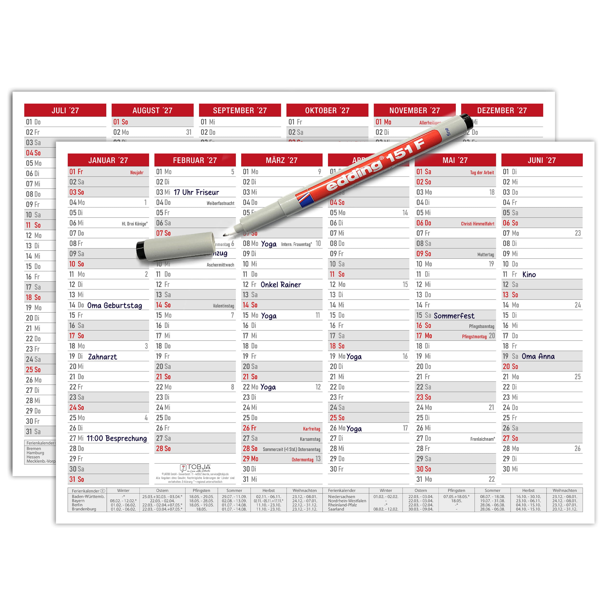 Abwischbarer A4 Tafelkalender 2026 "Rot"  Kalender inkl 1 Stift