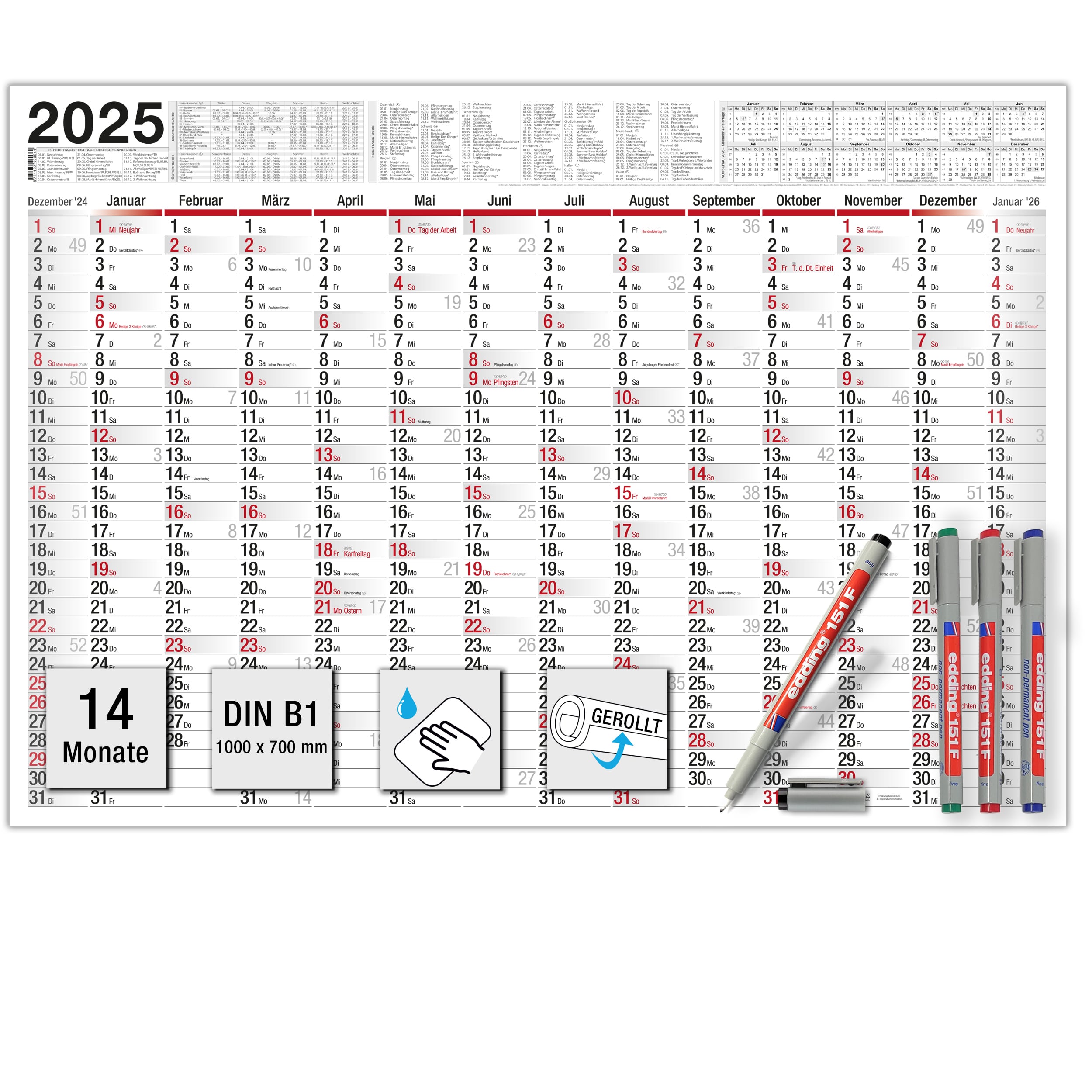 Wandkalender 2025 "Big Planer" [abwischbar] +4 Stifte bunt