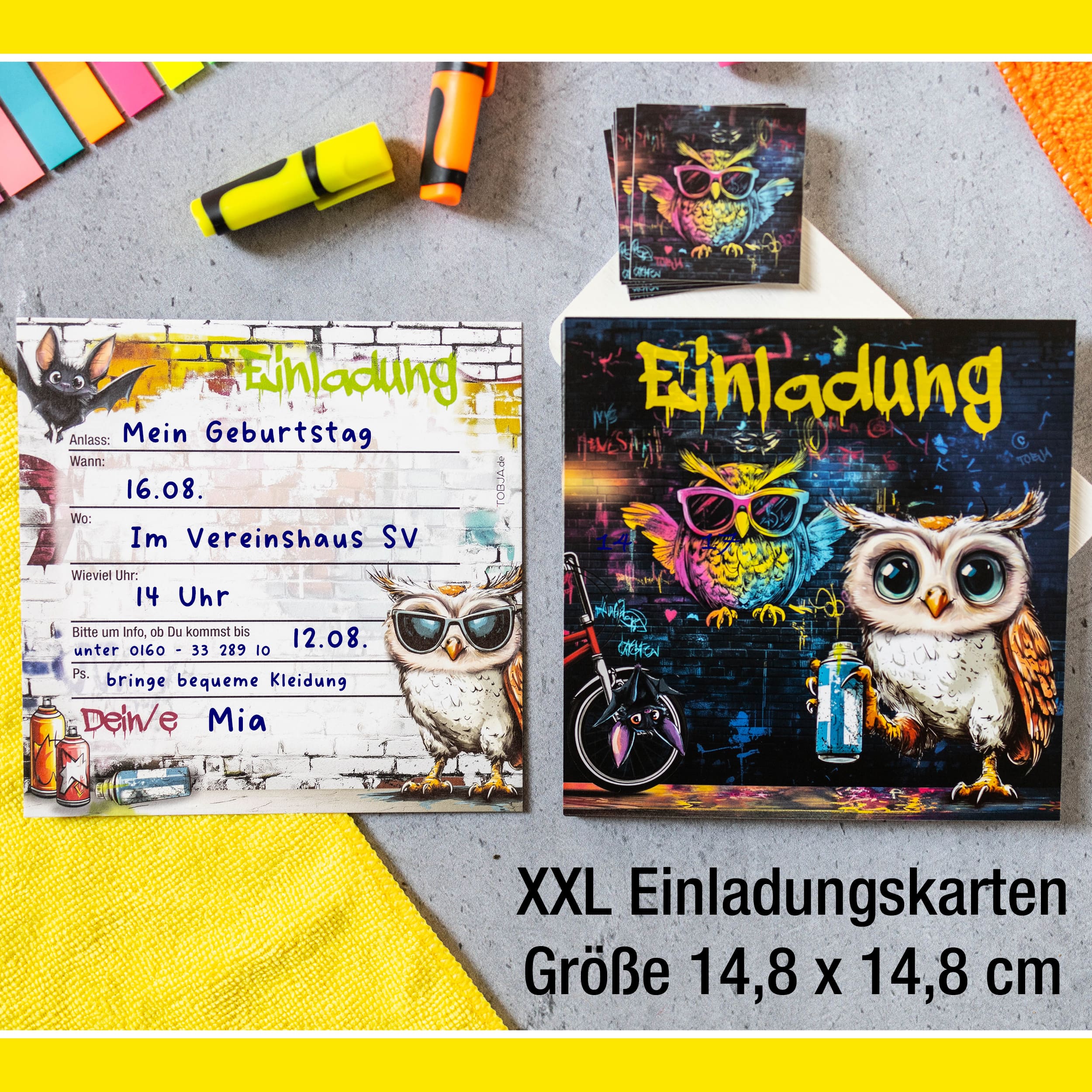 Einladungskarten Eule Graffiti inkl. Sticker 10er Set Einladungskarten Eule Graffiti inkl. Sticker 10er Set