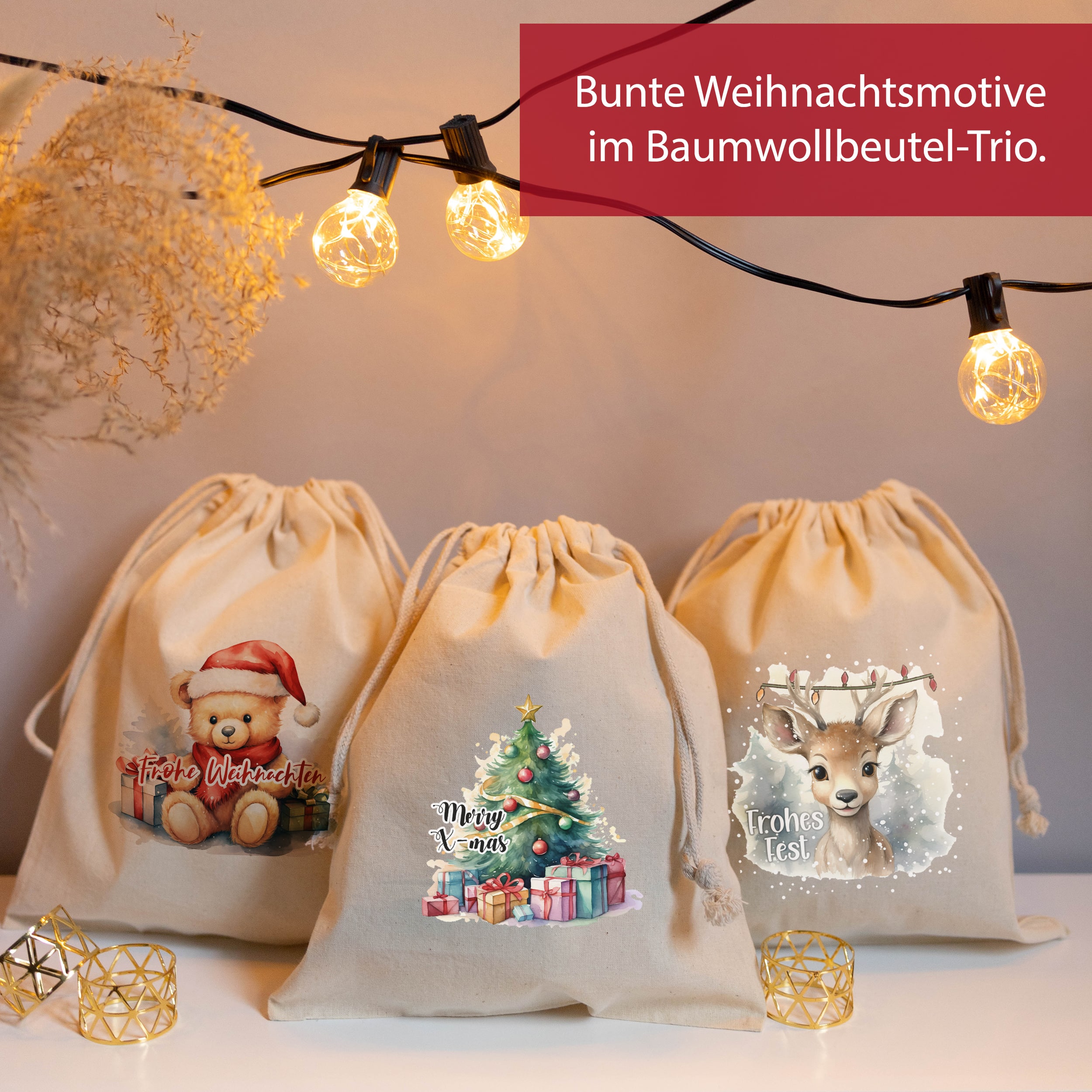 Weihnachtsbeutel Baumwolle Bunt 3er Set