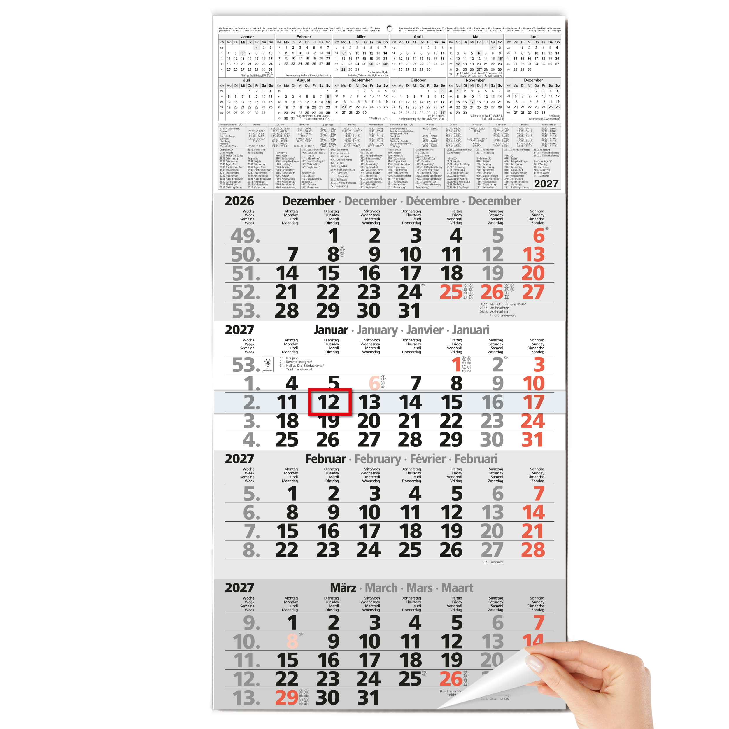 4-Monatskalender 2027 Rot 30x59