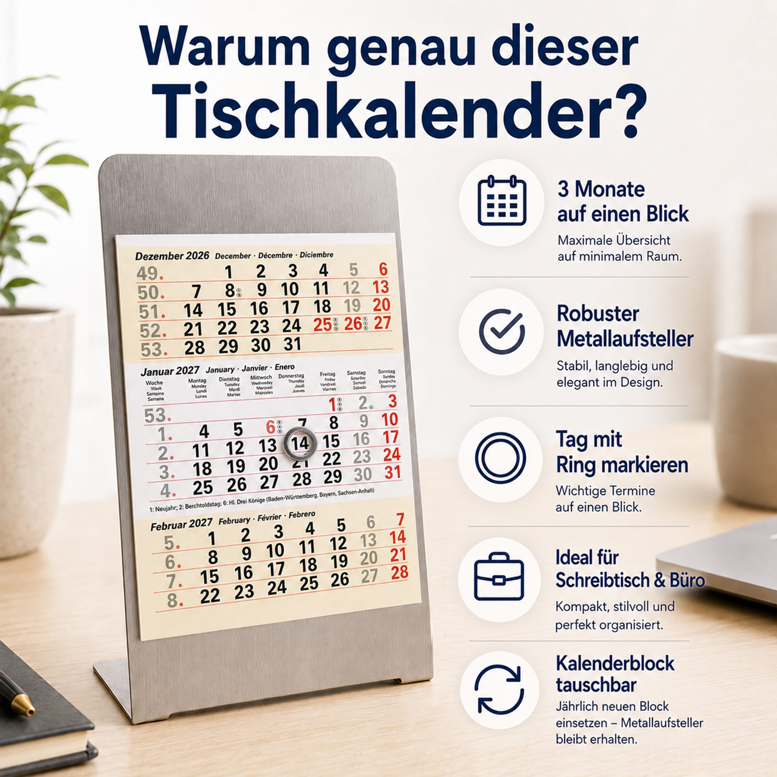 Magnet-System Sand – Tischkalender 2027 mit Metallaufsteller