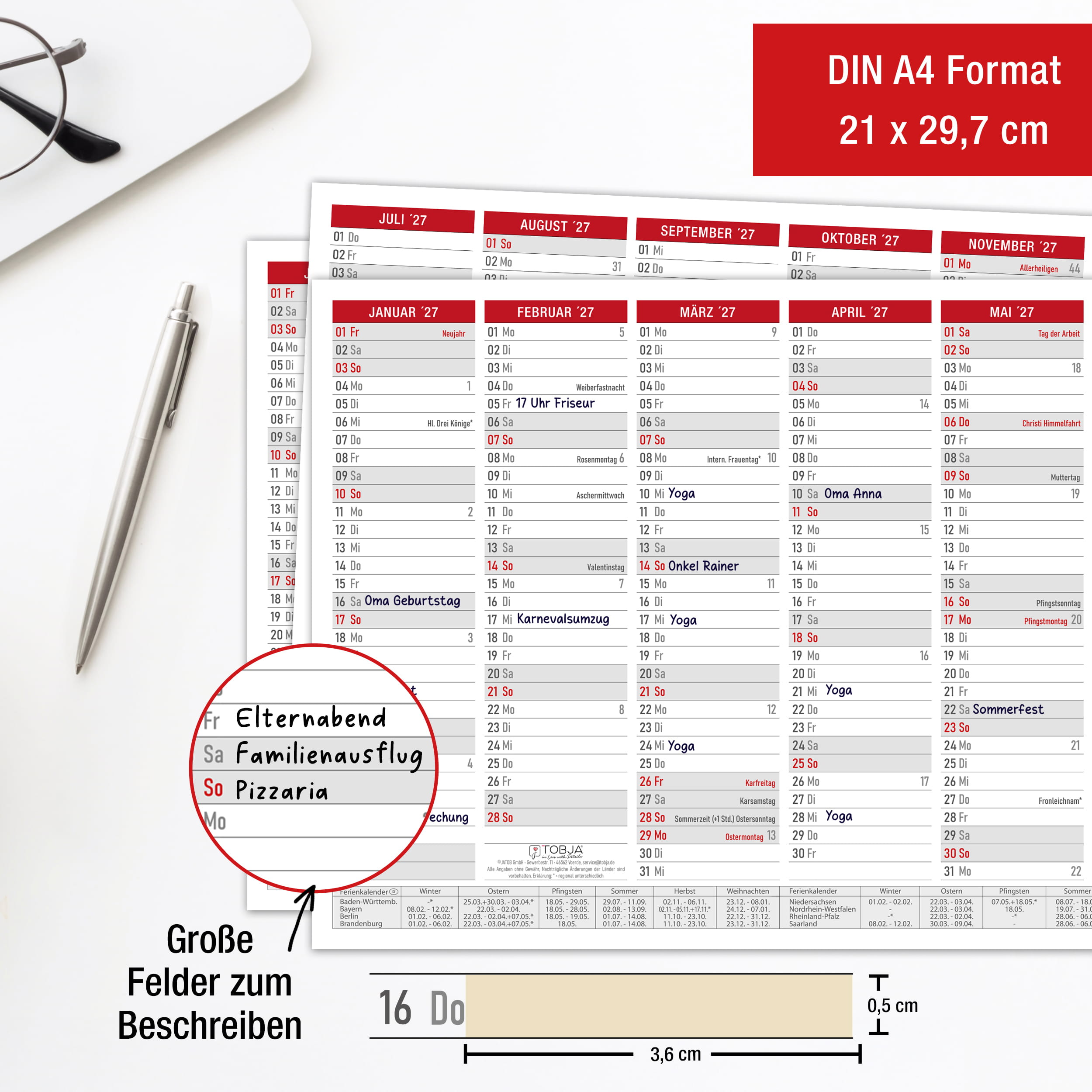 Tafelkalender 2027 Rot A4 - 3er Set