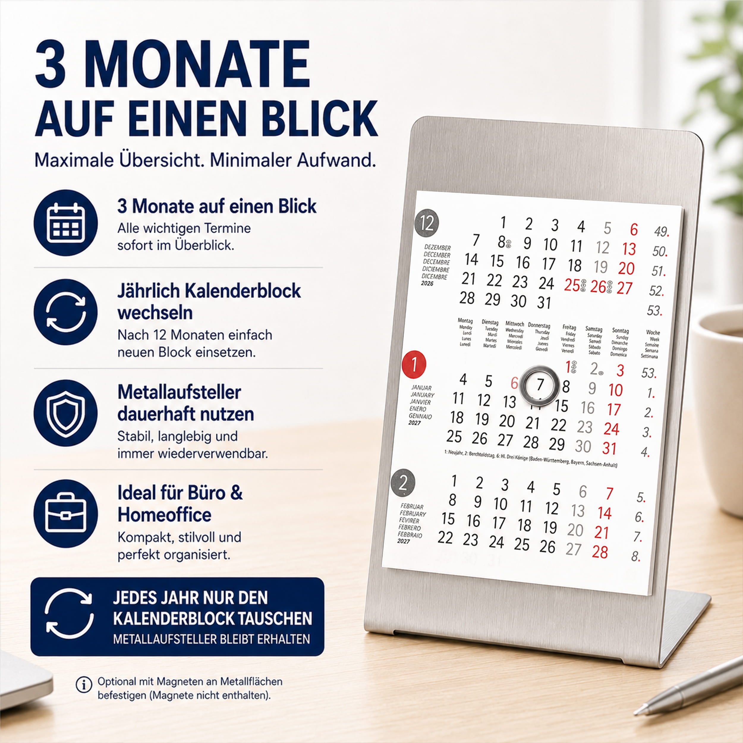 Magnet-System Dots – Tischkalender 2027 mit Metallaufsteller