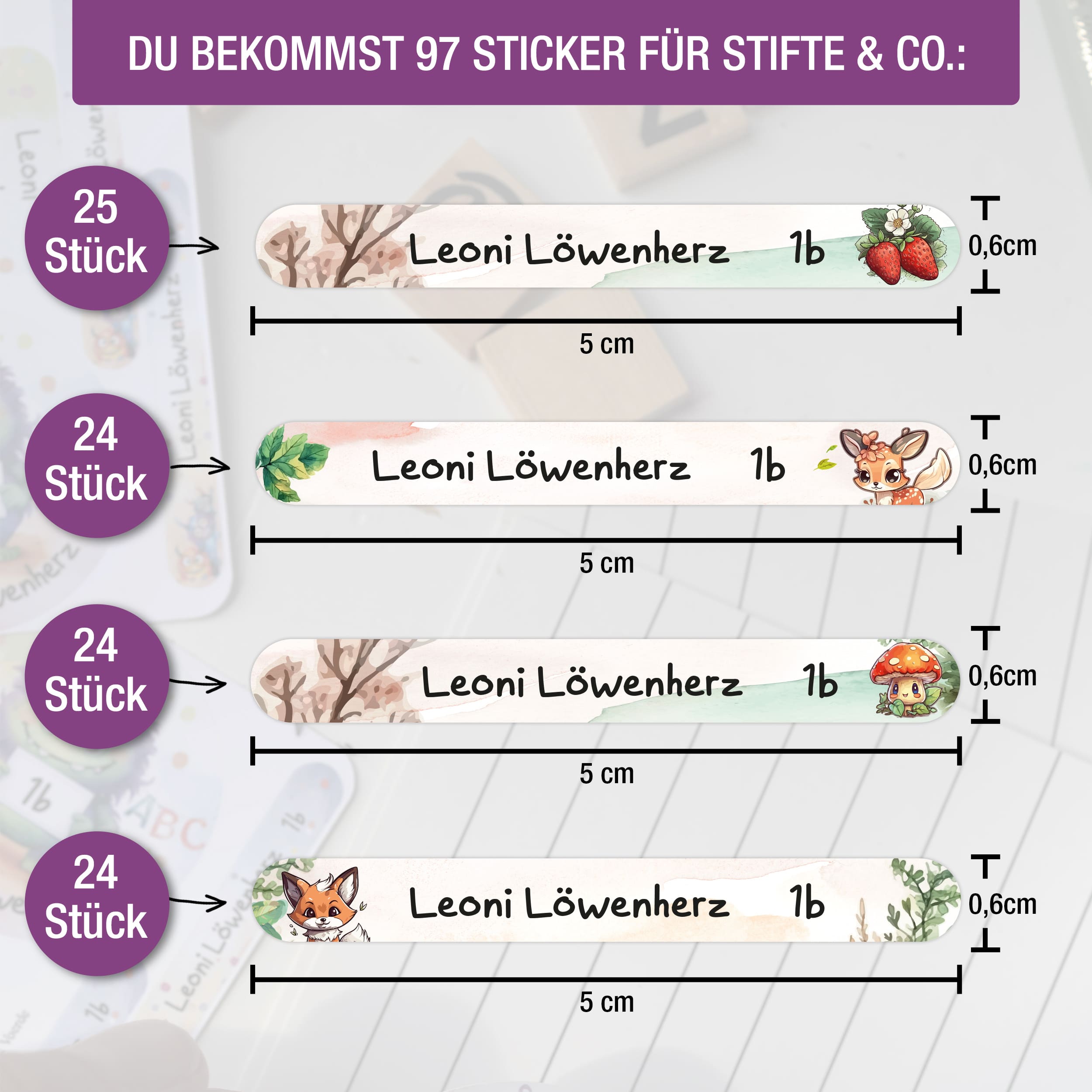 Namensaufkleber für Stifte, personalisiert Waldtiere