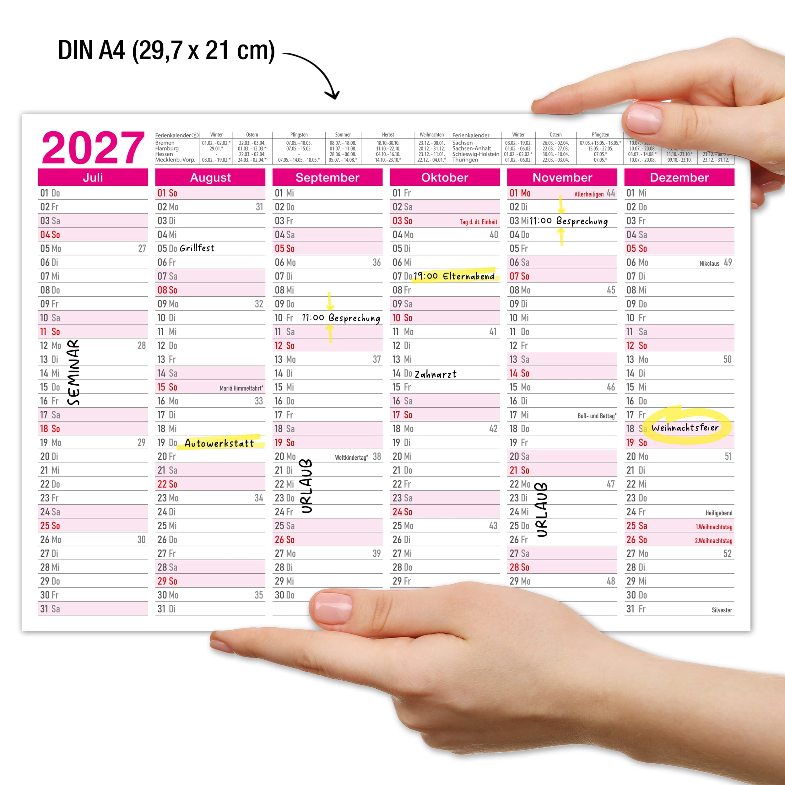 Tafelkalender 2027 Pink A4 - 3er Set