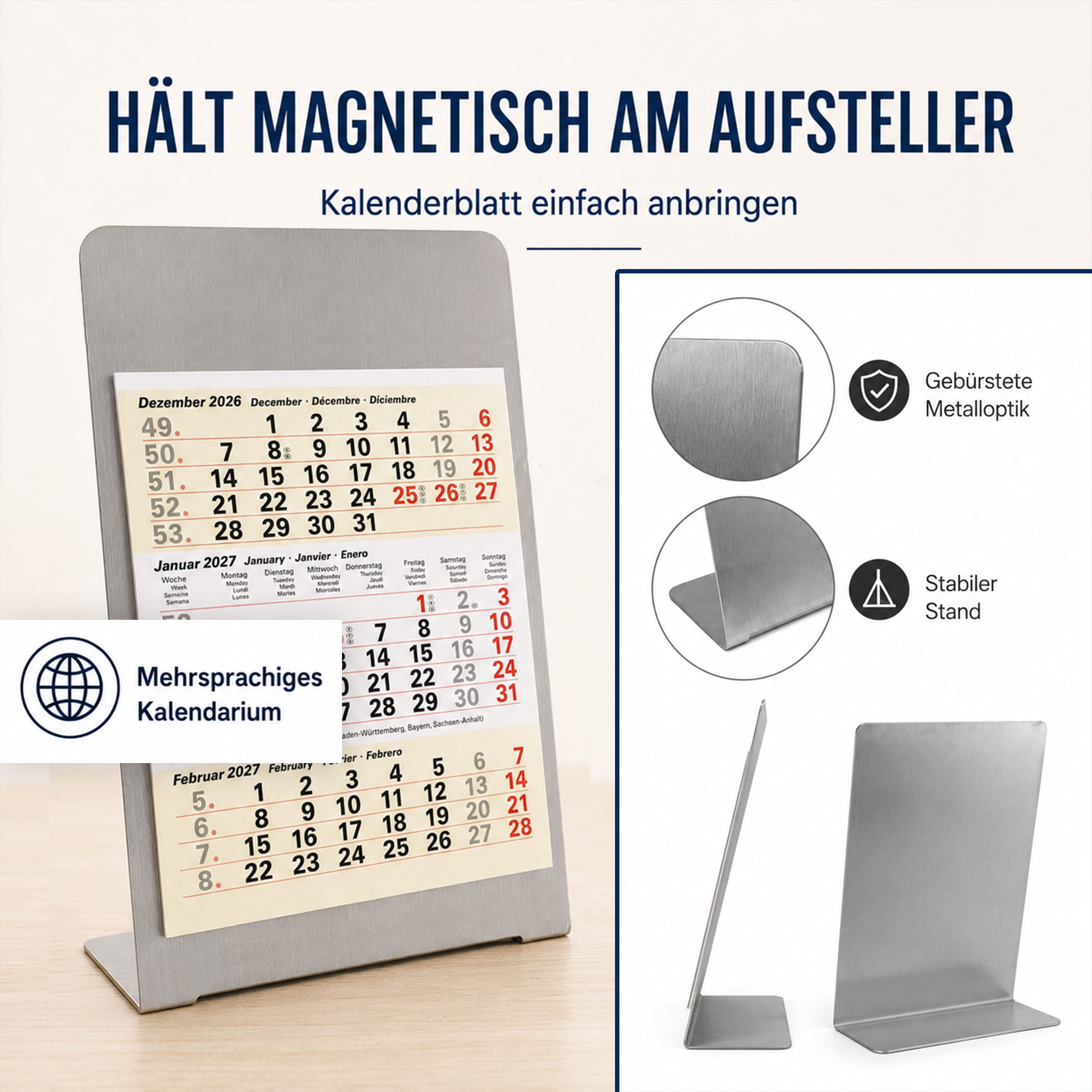 Magnet-System Sand – Tischkalender 2027 mit Metallaufsteller
