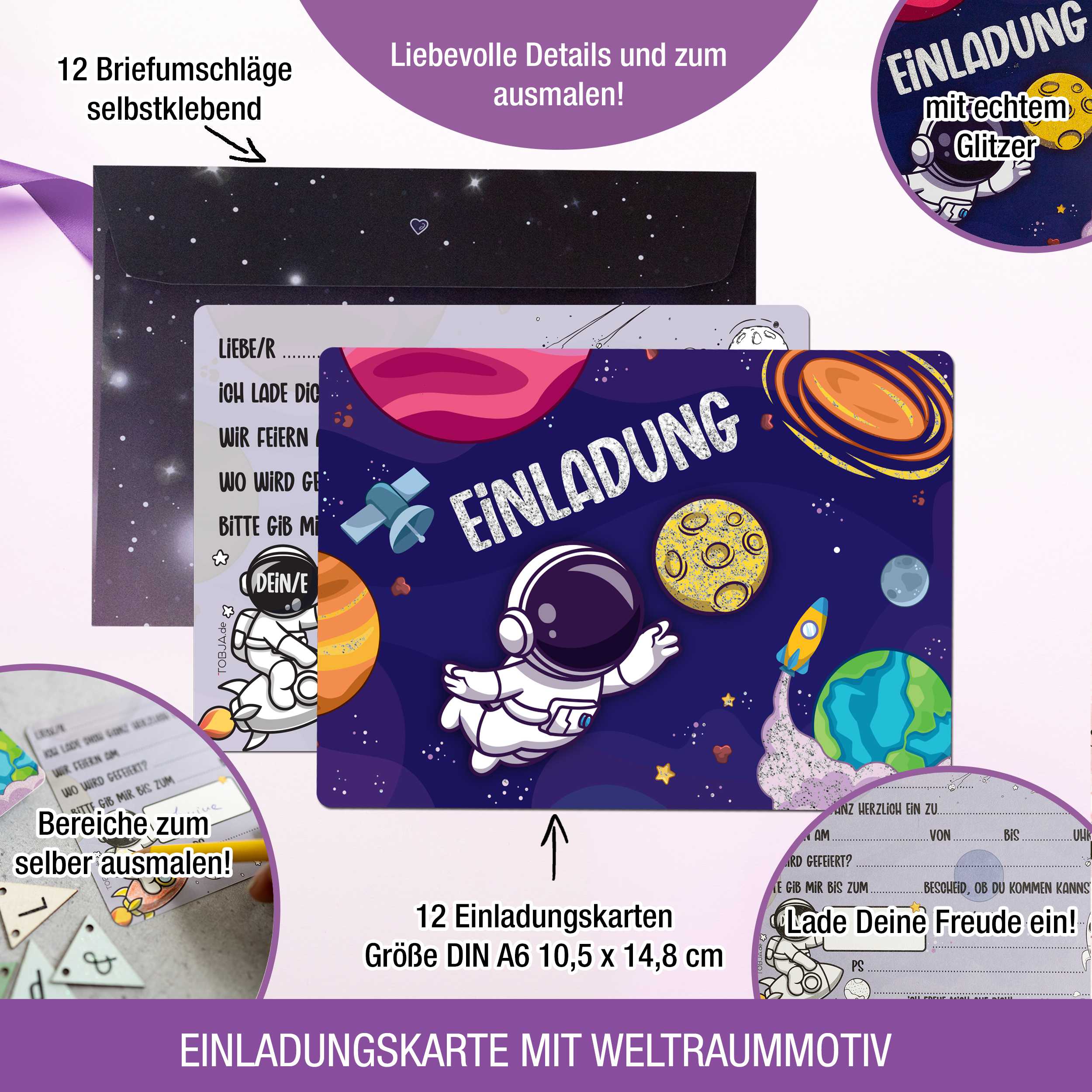 12 Einladungskarten inkl. Umschläge "Astronauten Party"